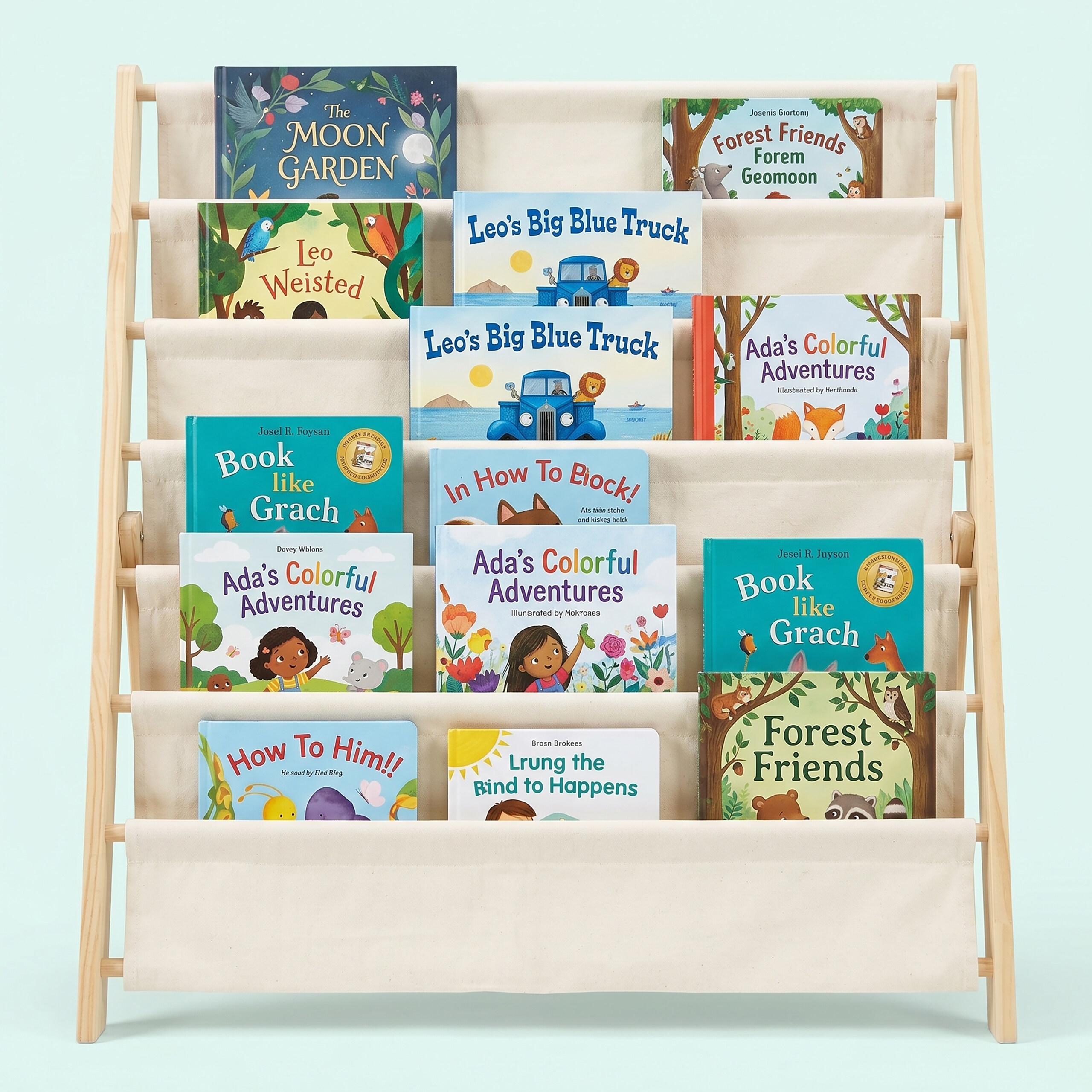 Ein hölzernes Bücherregal voller bunter Kinderbücher mit Tiermotiven und Geschichten.