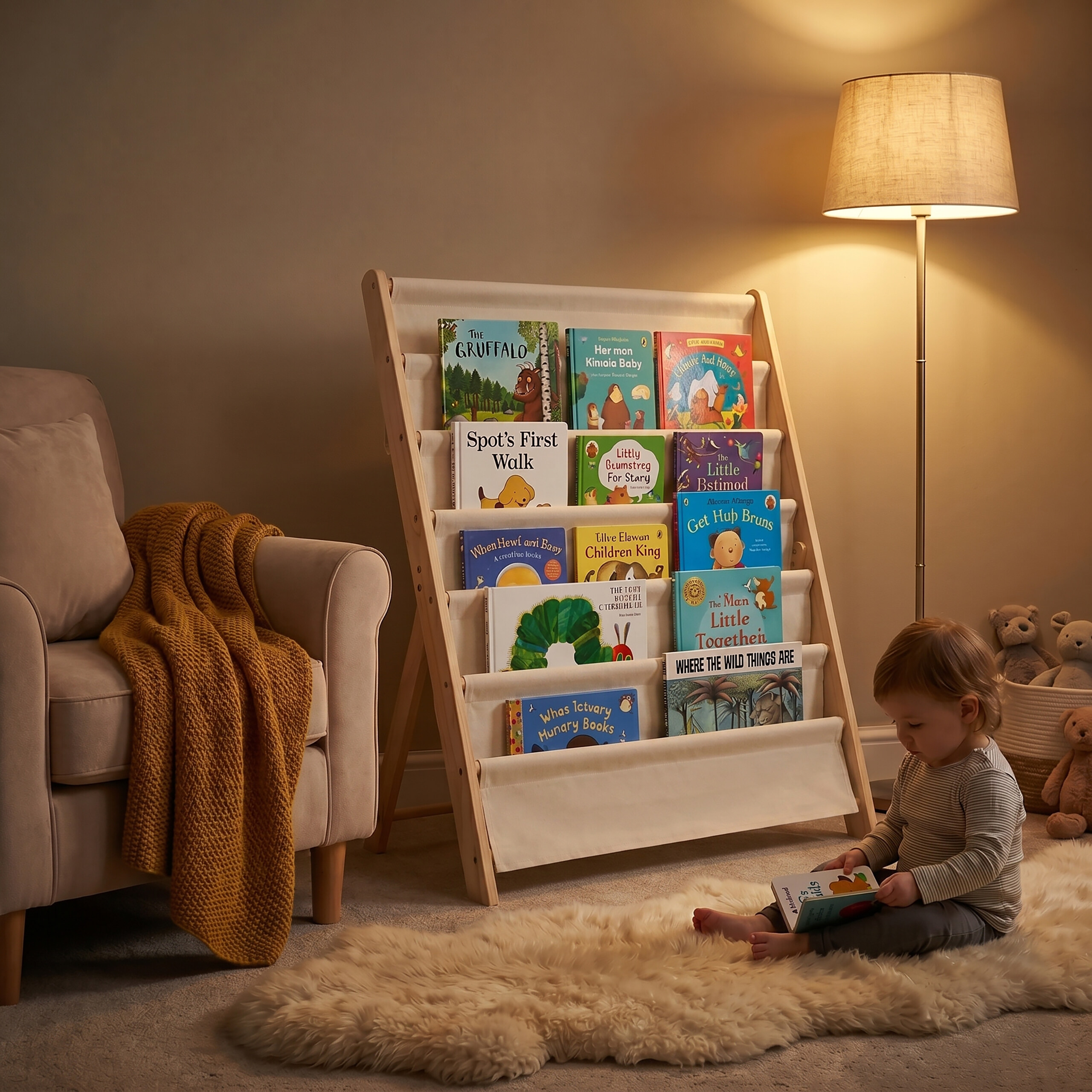 Kleinkind sitzt auf einem flauschigen Teppich und liest ein Buch vor einem Bücherregal.