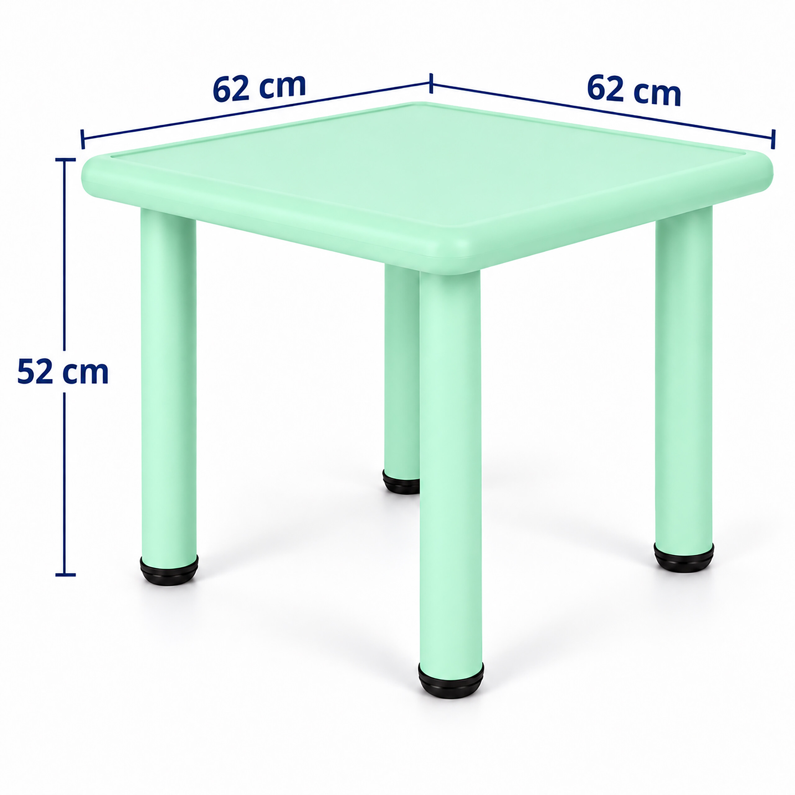 Ein mintgrüner Kindertisch mit den Maßen 62x62 cm und einer Höhe von 52 cm.