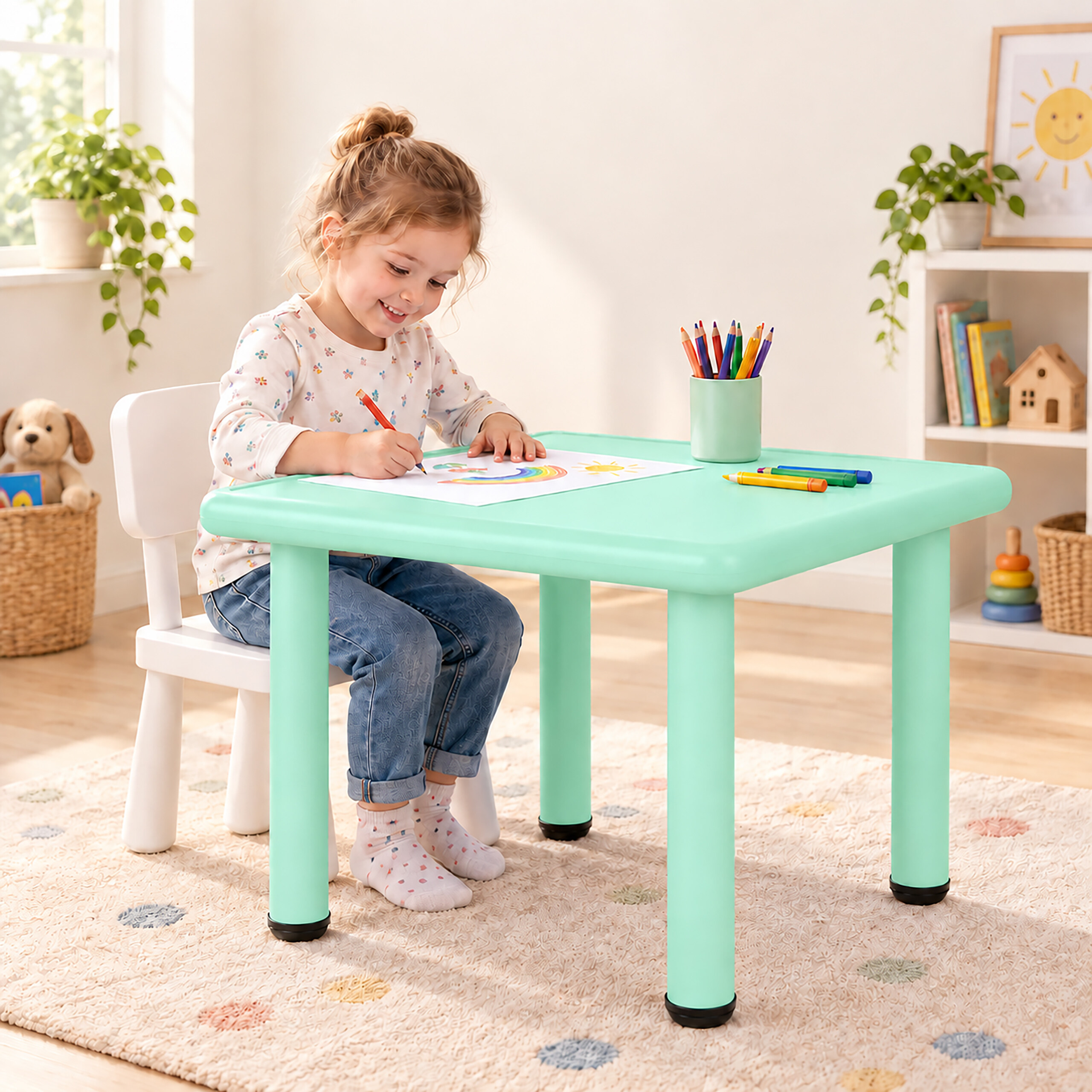 Ein kleines Mädchen sitzt an einem mintgrünen Tisch und malt mit Buntstiften auf ein Papier.