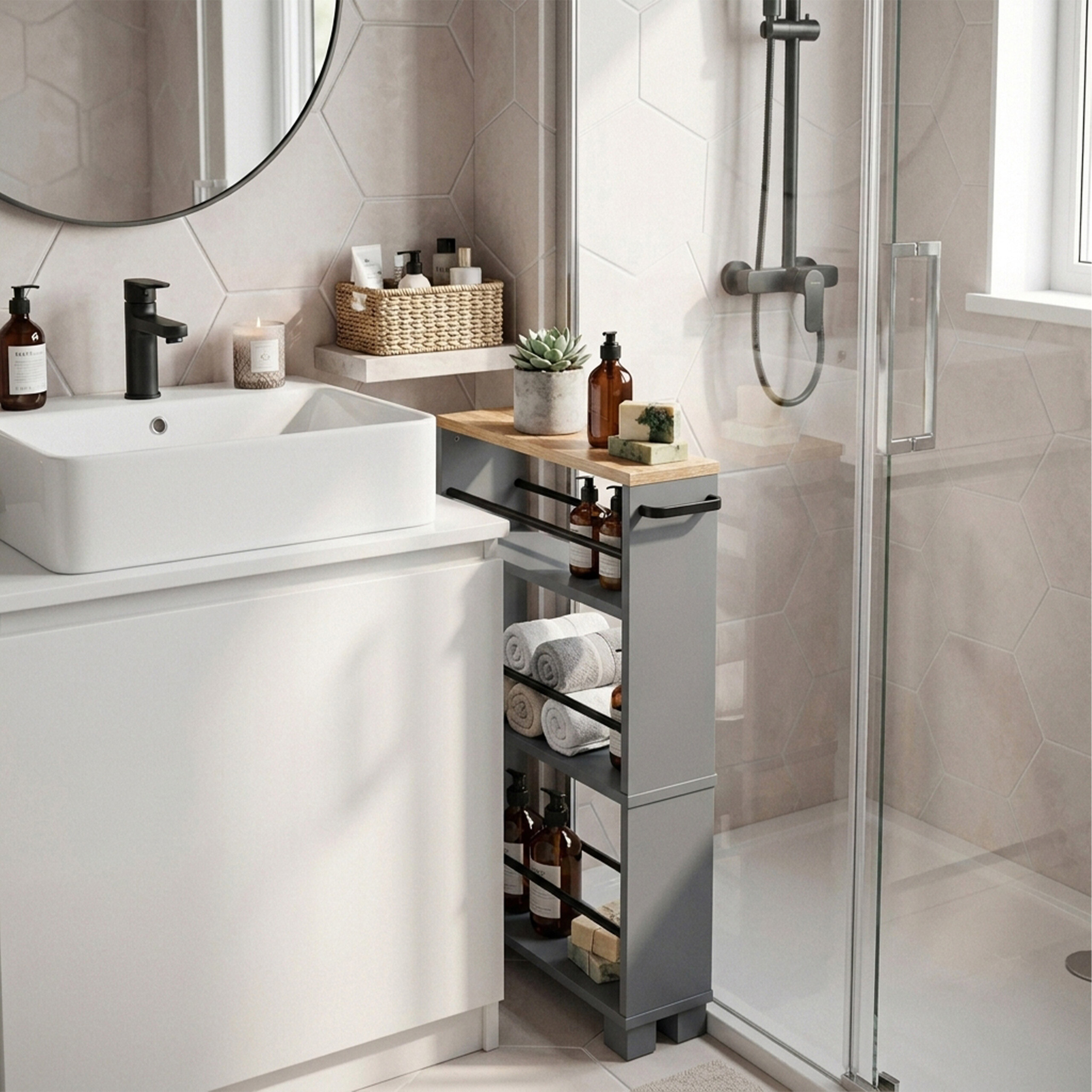 Modernes Badezimmer mit Waschbecken, schmalem grauem Regal, Handtüchern, Pflanzen und gläserner Dusche.