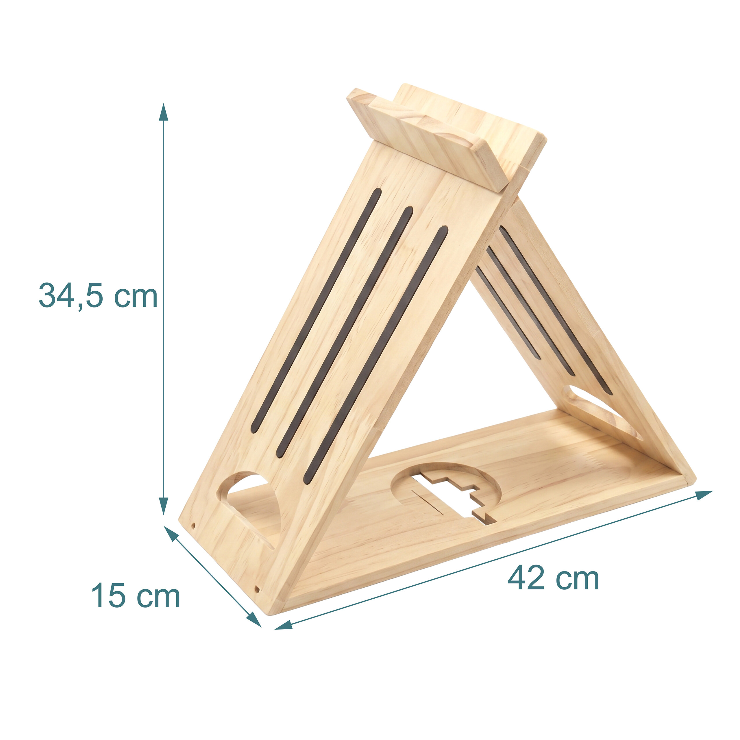 Ein dreieckiger Holzständer mit Maßen: 34,5 cm hoch, 42 cm lang und 15 cm breit, auf weißem Hintergrund.