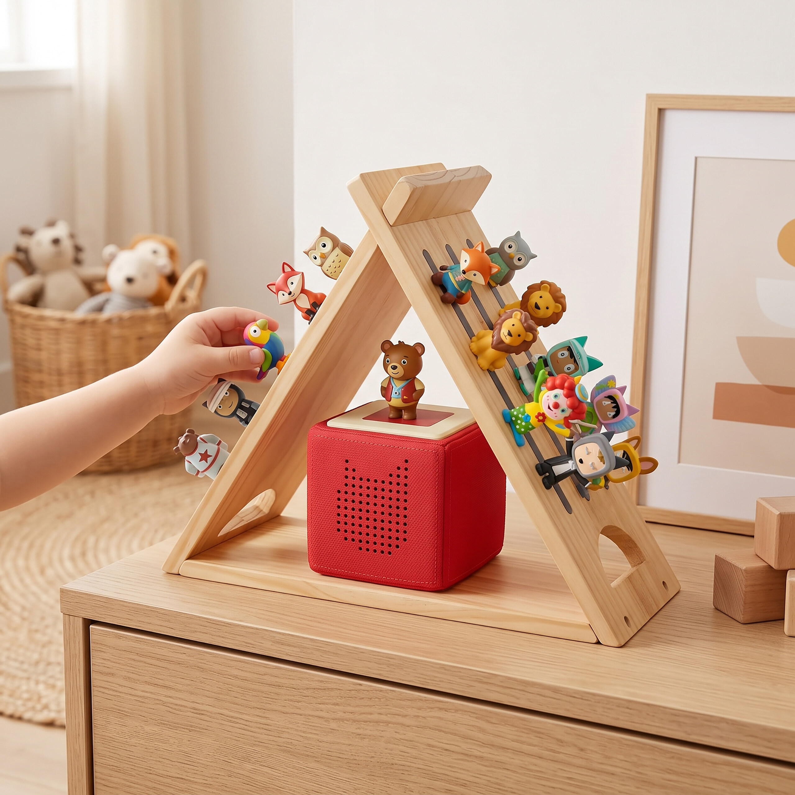 Ein Kind platziert kleine Tierfiguren auf einer hölzernen Rutsche neben einer roten Box mit einem Bären.