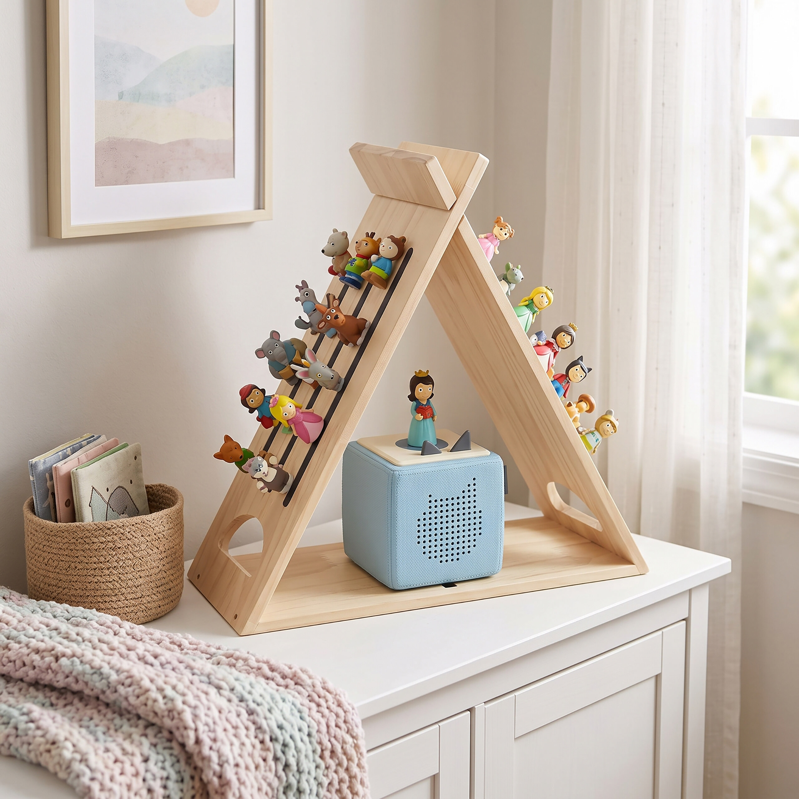 Ein A-förmiges Holzregal mit kleinen Figuren steht auf einem weißen Tisch neben einem blauen Audiogerät.