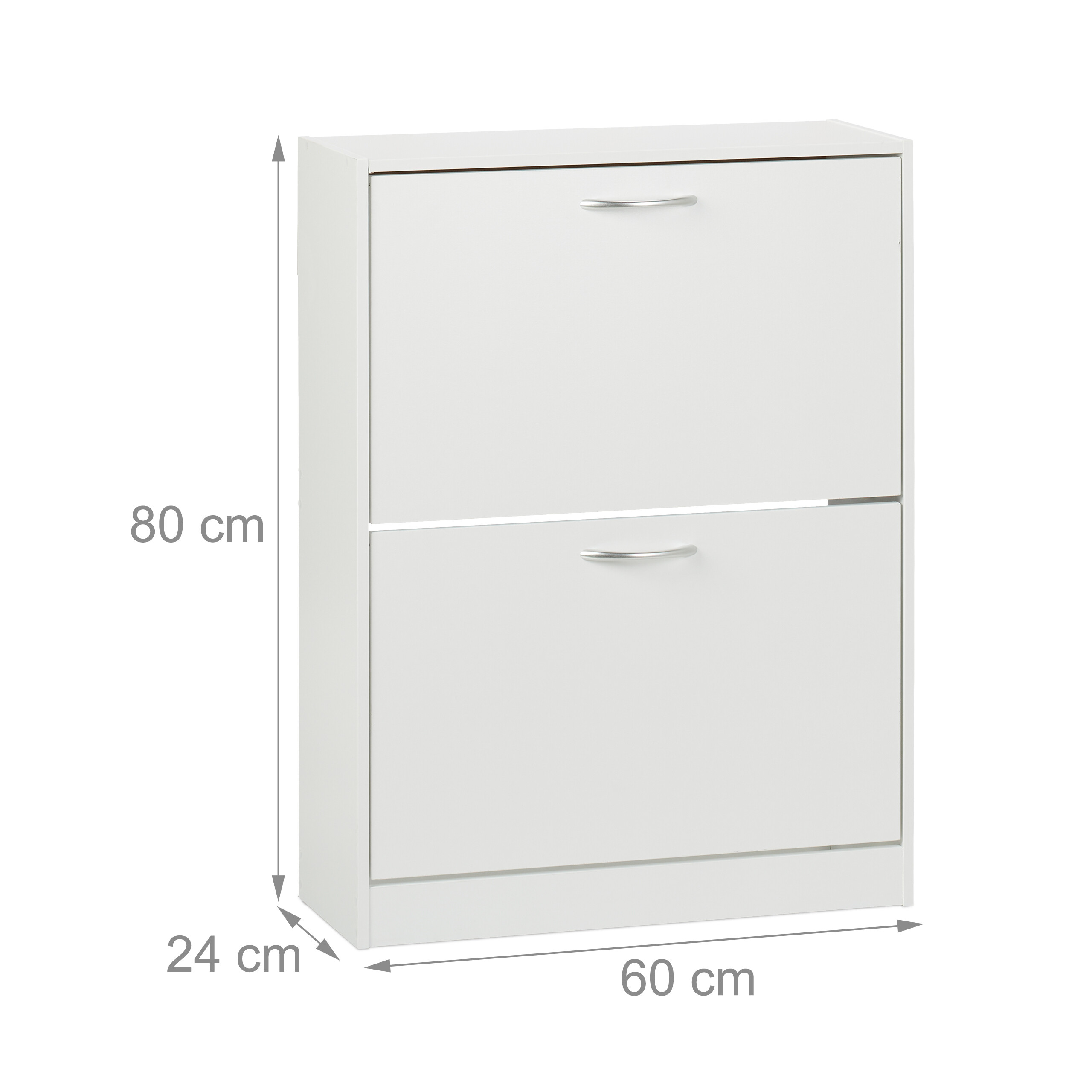 Weißer Schuhschrank mit zwei Klappen und Maßen von 60x80x24 cm.