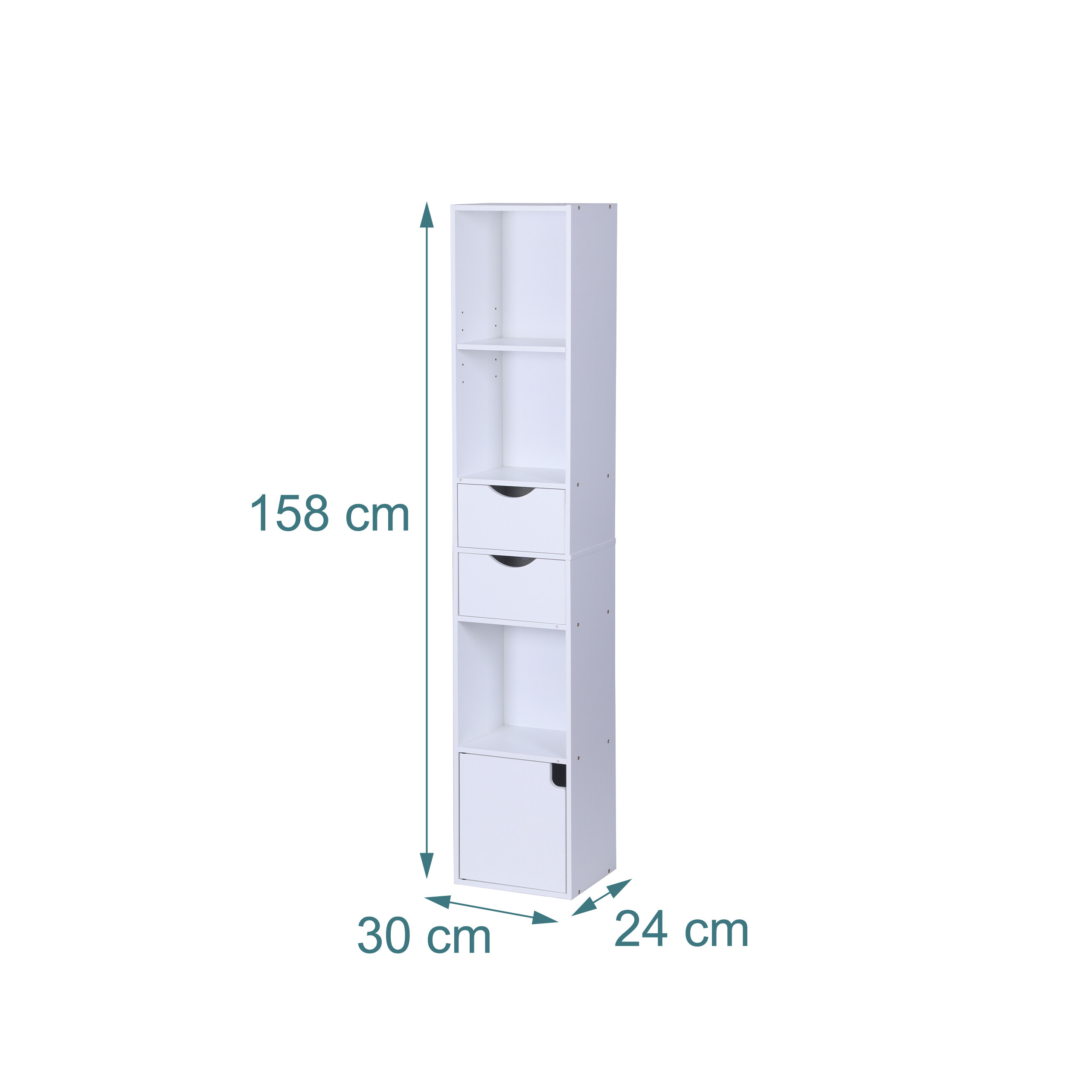 Ein weißes schmales Regal mit Maßen: Höhe 158 cm, Breite 30 cm, Tiefe 24 cm.