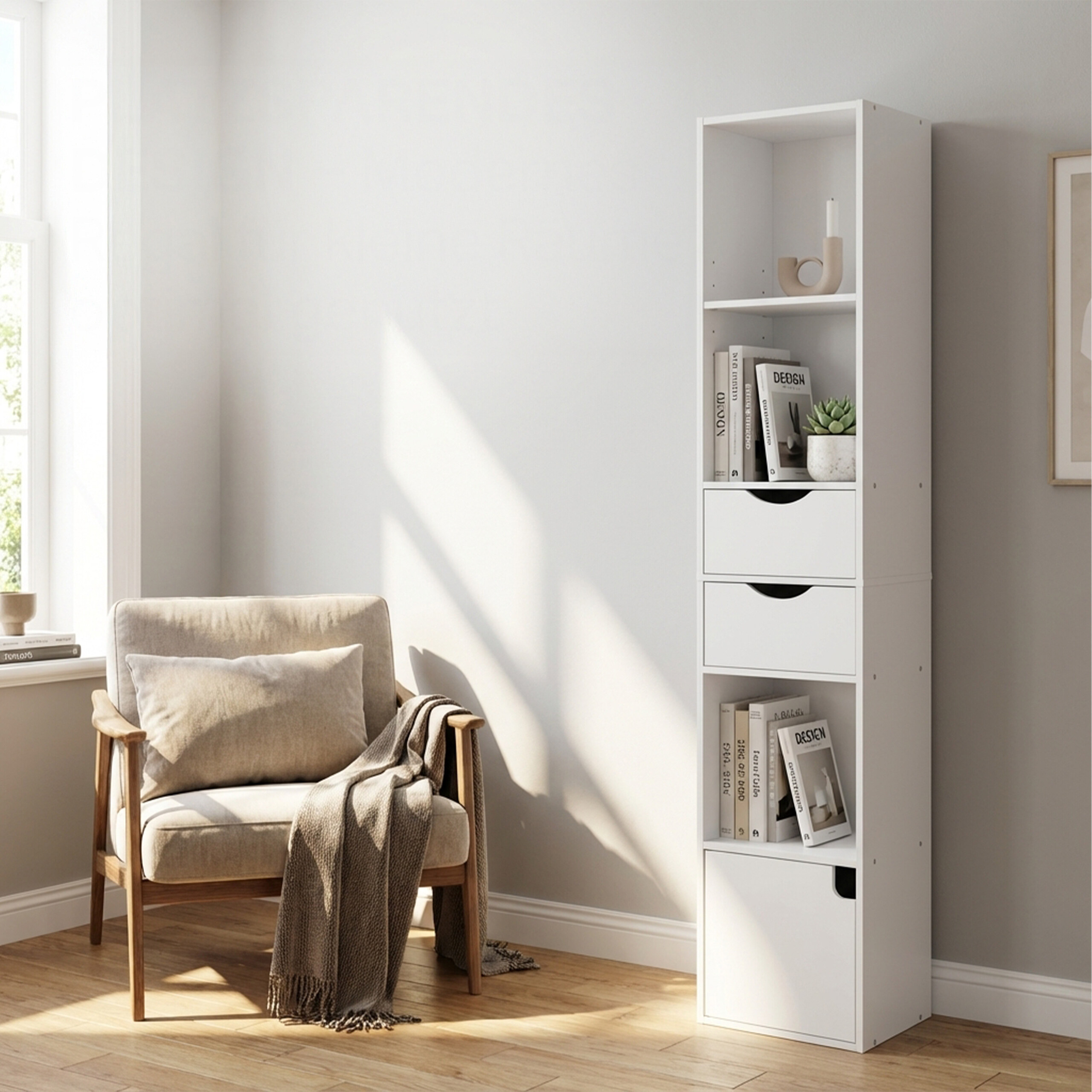 Ein weißes Bücherregal und ein Sessel mit Decke in einem sonnigen Zimmer.