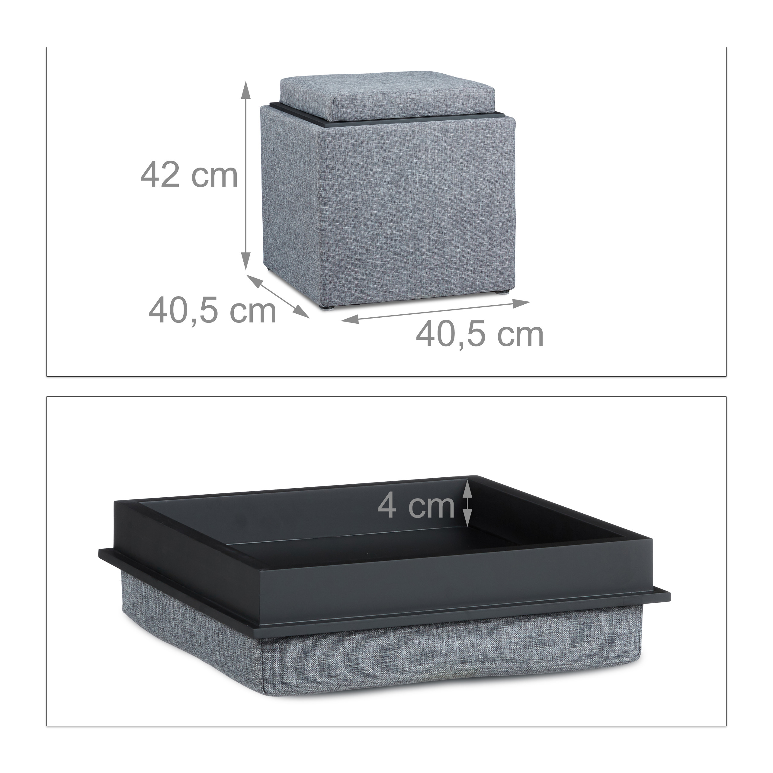 Grauer Stoff-Hocker mit Maßen und umgedrehtem Deckel als Tablett.
