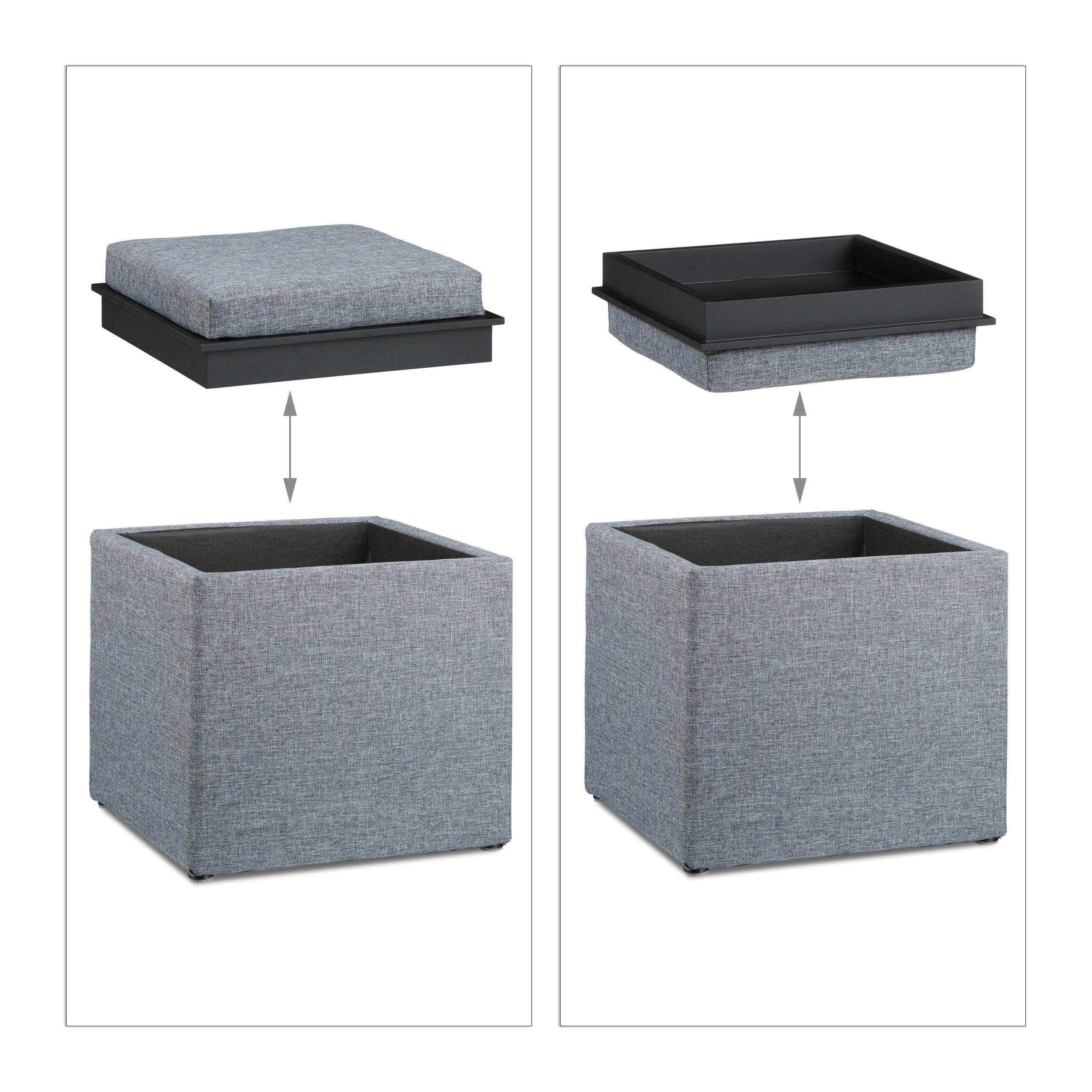 Zwei graue Aufbewahrungshocker mit abnehmbarem Kissen und umgedrehtem Tablettdeckel.