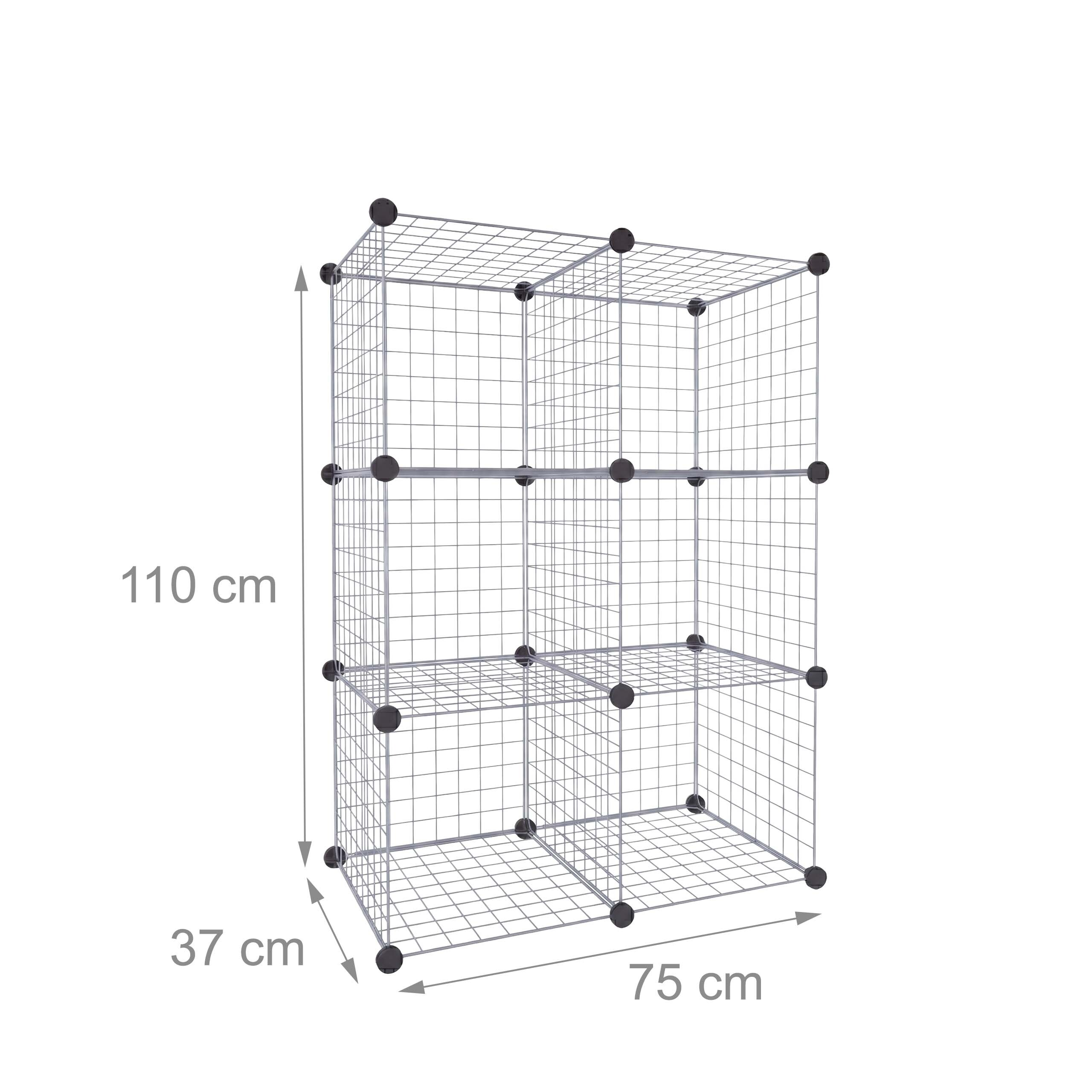 Modulares Drahtgitter-Regal mit 6 Fächern und Abmessungen von 110x75x37 cm auf weißem Hintergrund.