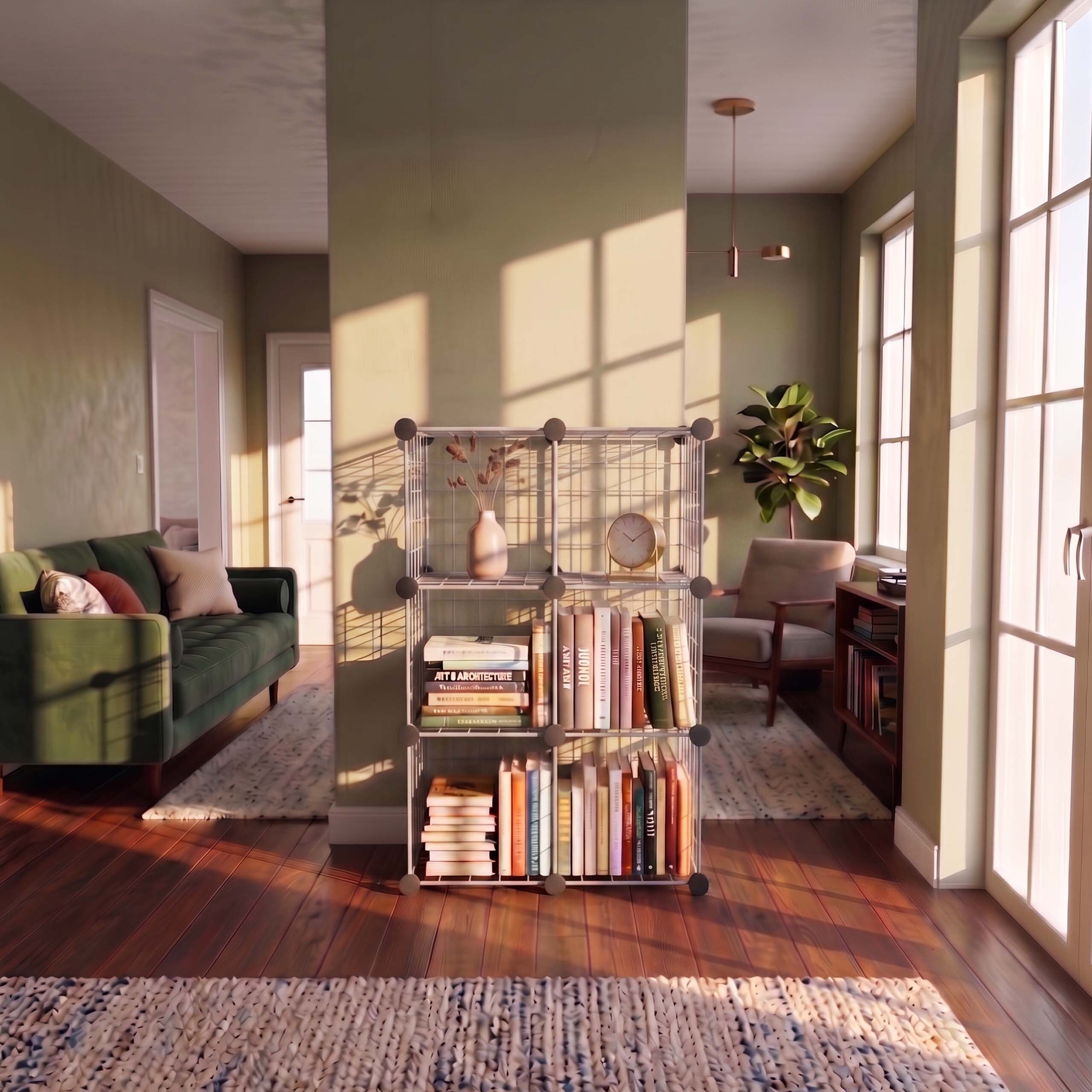 Ein Drahtregal mit Büchern und Dekor steht in einem sonnigen Wohnzimmer mit grünem Sofa und Holzböden.