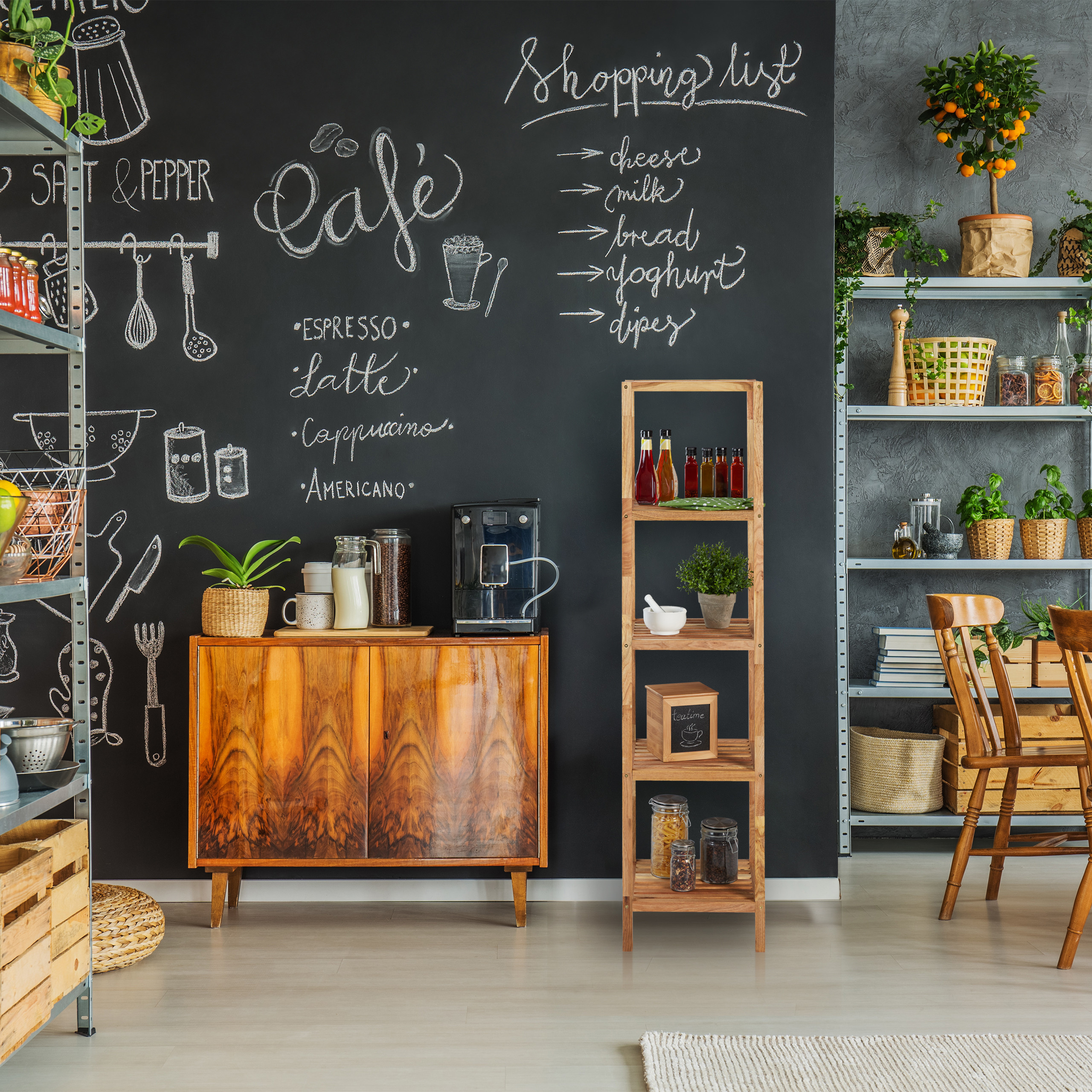 Eine rustikale Küche hat eine große Tafeltand mit Café-Zeichnungen, einen Holzschrank, eine Kaffeemaschine und Regale.