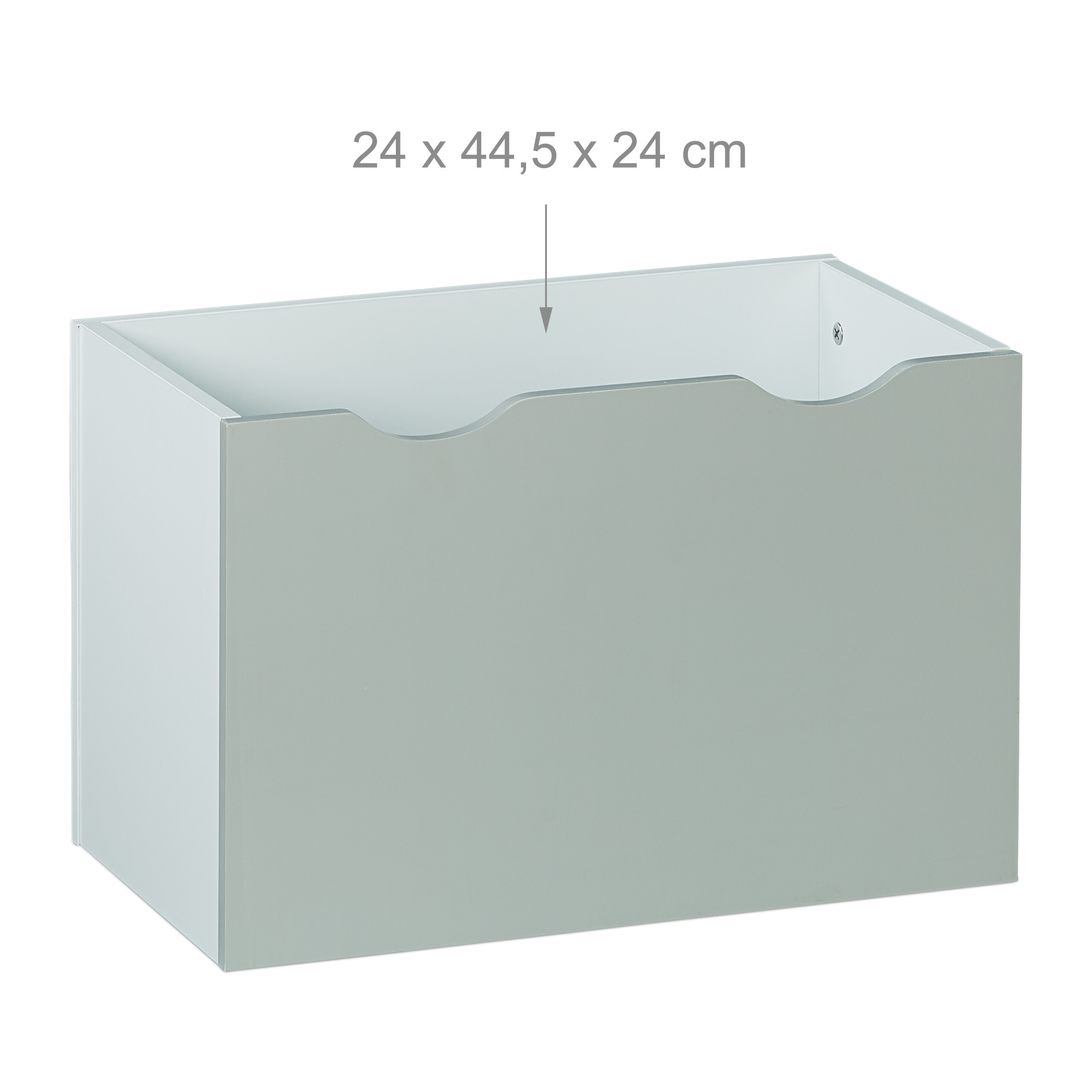Eine graue und weiße Aufbewahrungsbox mit den Maßen 24 x 44,5 x 24 cm.