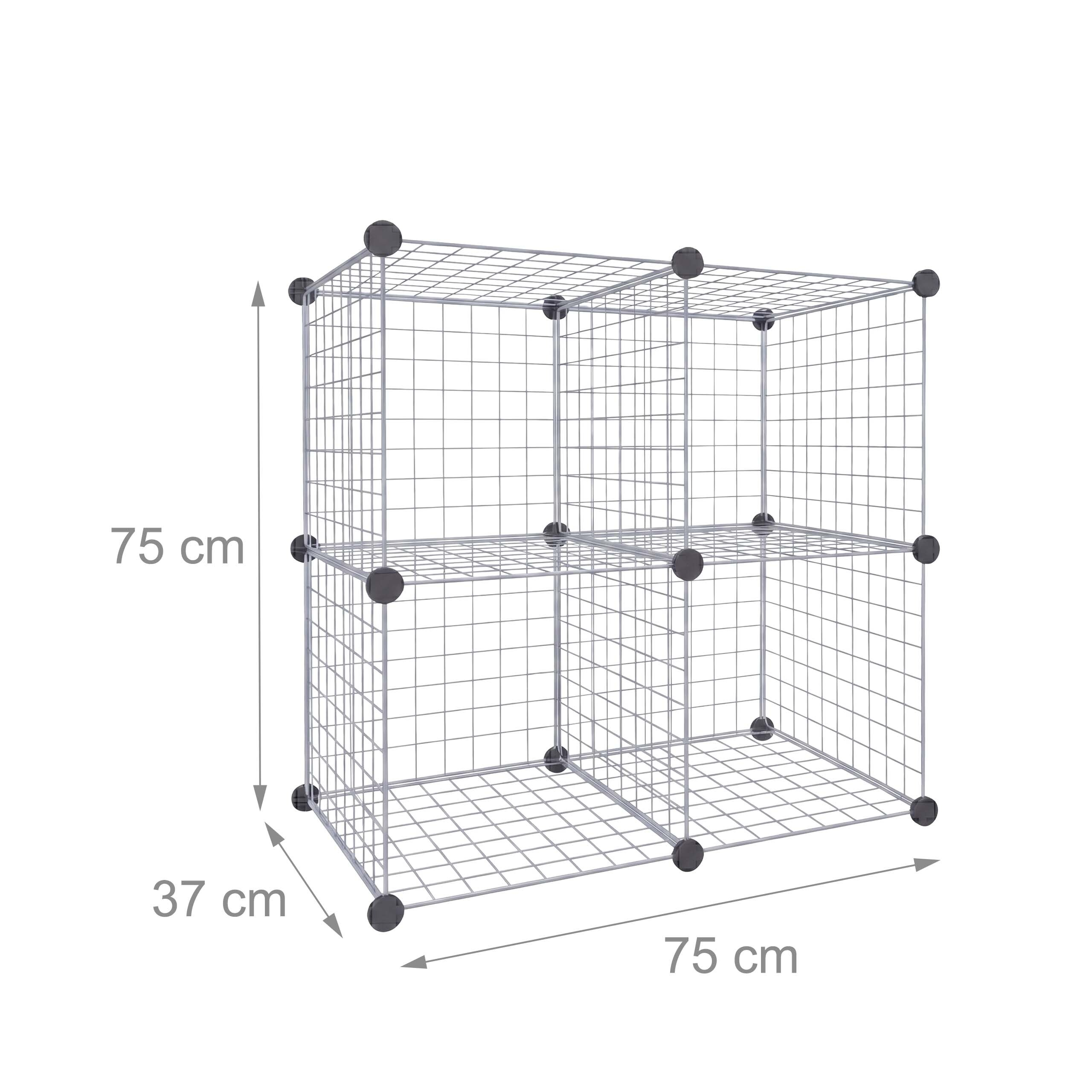 Modulares Drahtgitter-Regal mit Maßen von 75x75x37 cm auf weißem Hintergrund.