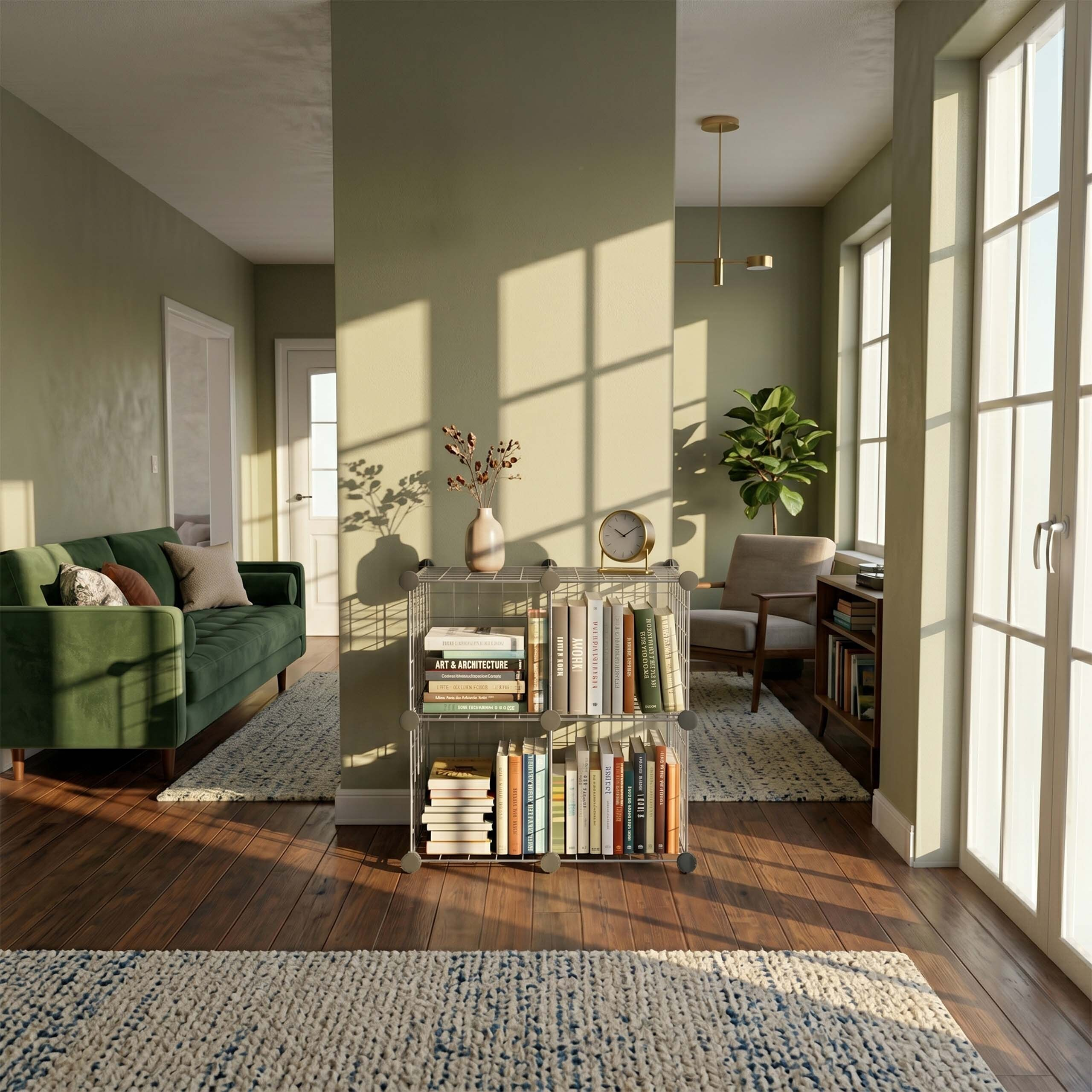 Sonniges Wohnzimmer mit grünem Sofa, Regalen voller Bücher, Sesseln und großen Fenstern mit Lichtspiel.