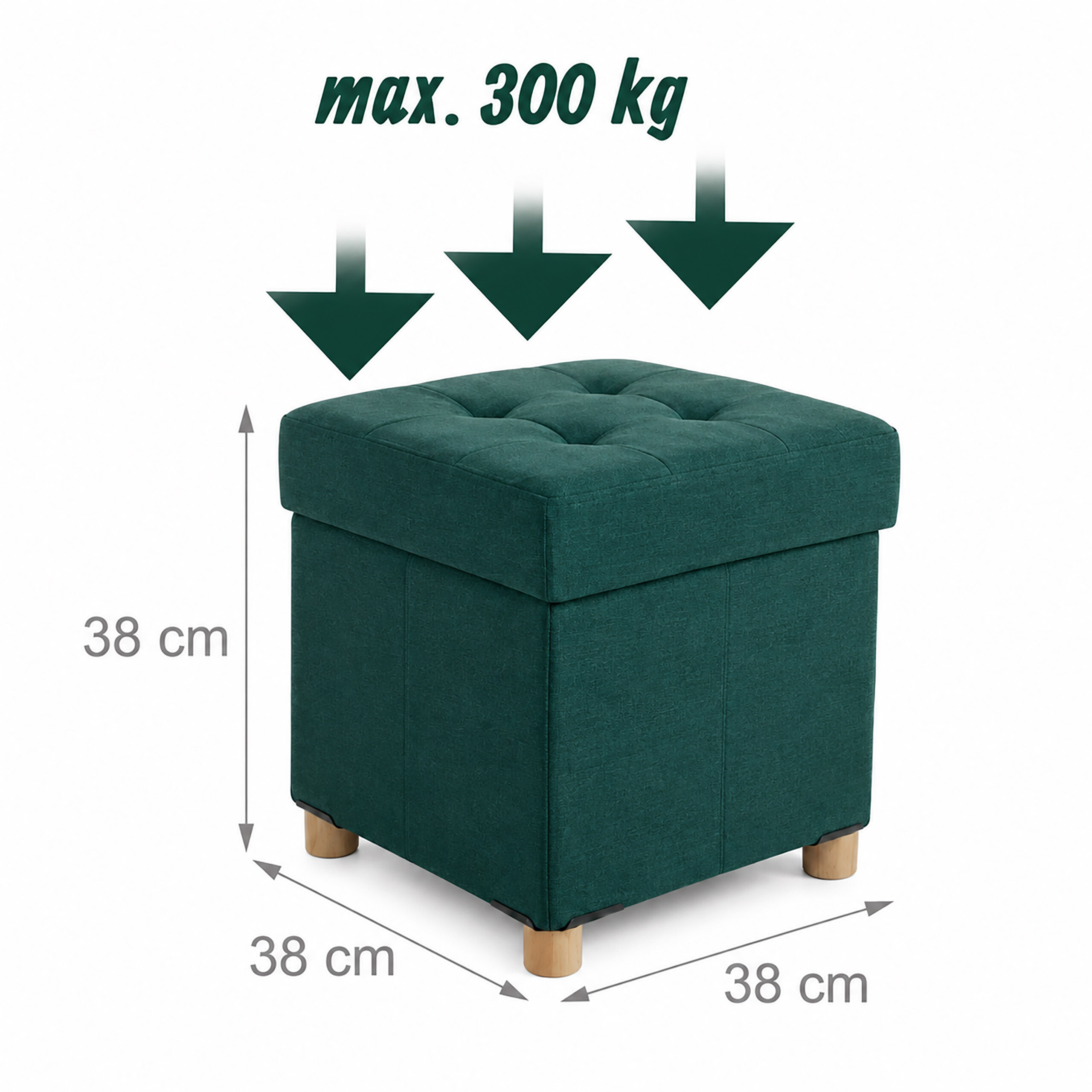 Dunkelgrüner Hocker, 38x38x38 cm, mit Holzbüschen und 300 kg Belastbarkeit.