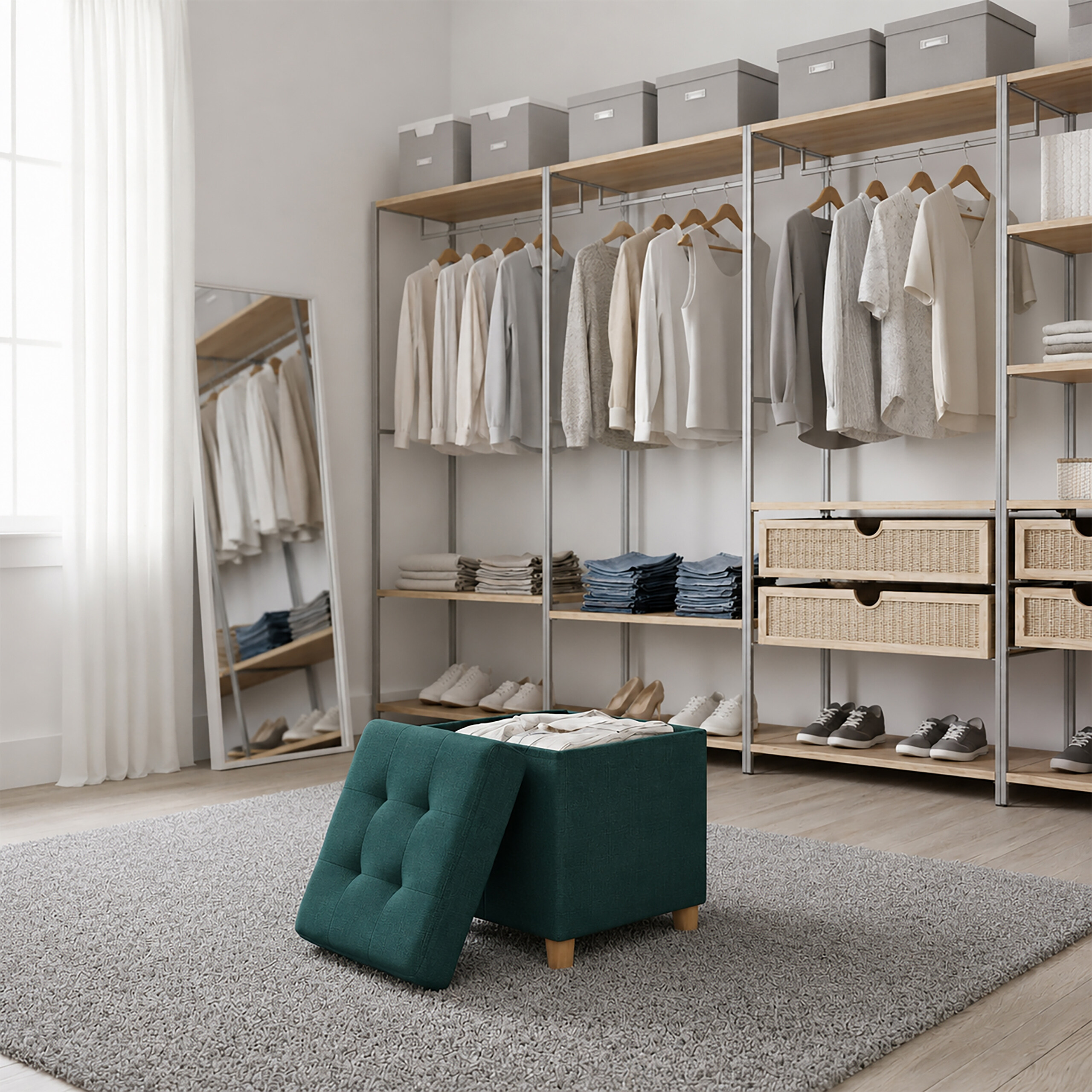 Ein offener Kleiderschrank mit hellen Kleidungsstücken, grauen Boxen und ein grüner Hocker auf einem Teppich.