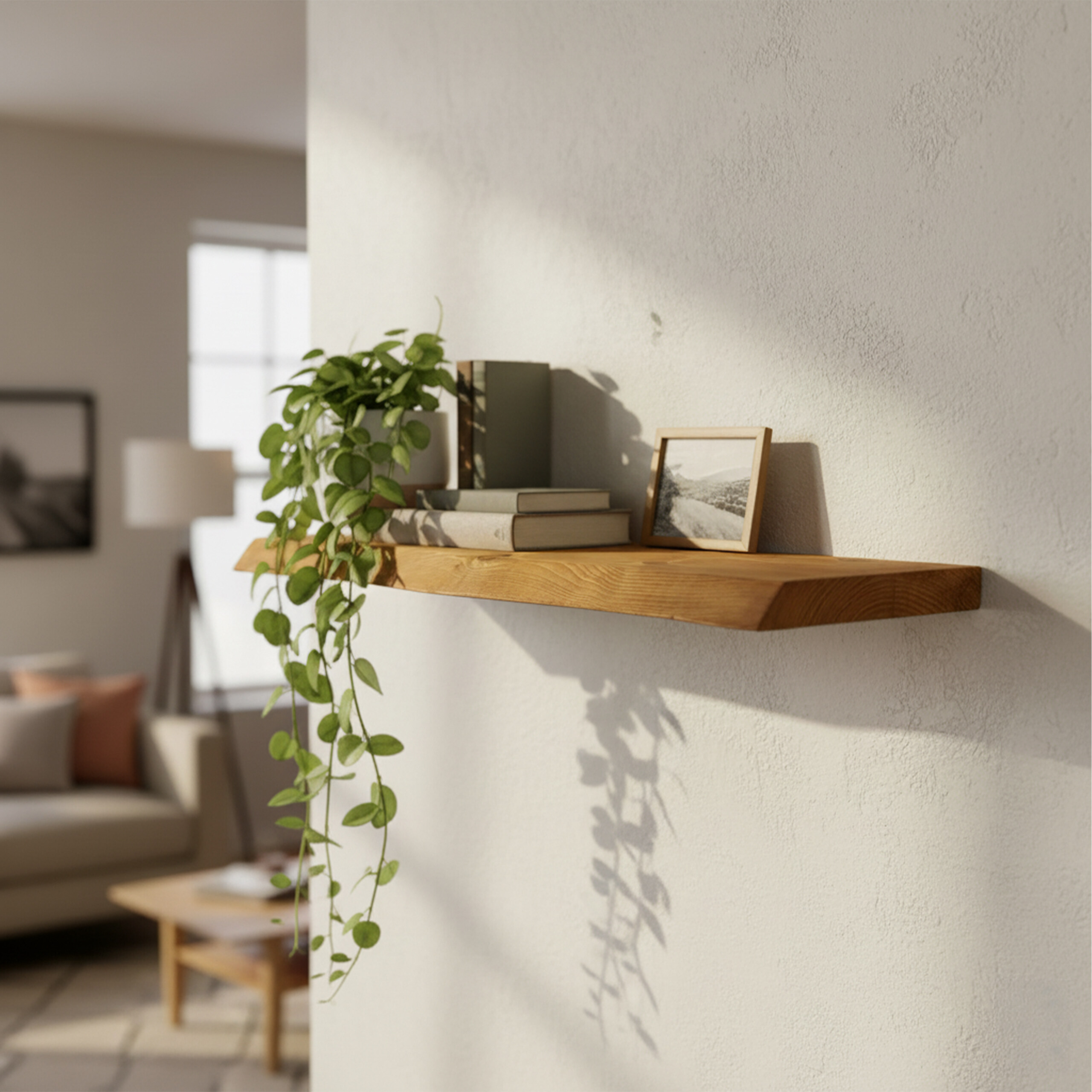 Ein hölzernes Wandregal mit einer hängenden Pflanze, stapelten Büchern und einem gerahmten Bild an einer hellen Wand.