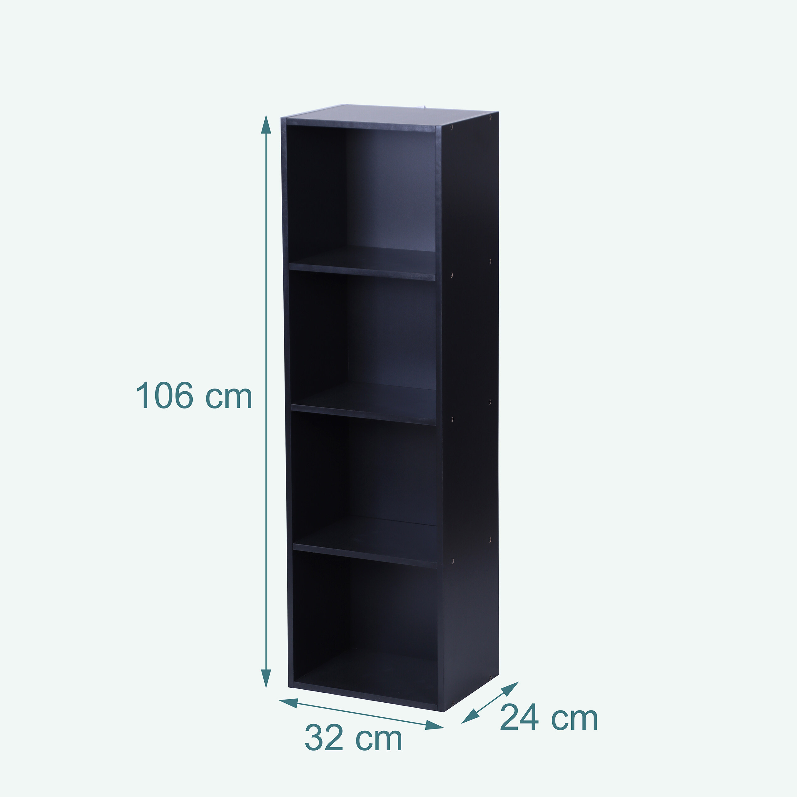 Ein schwarzes viertöckiges Regal mit Maßpfeilen: 106 cm hoch, 32 cm breit und 24 cm tief.