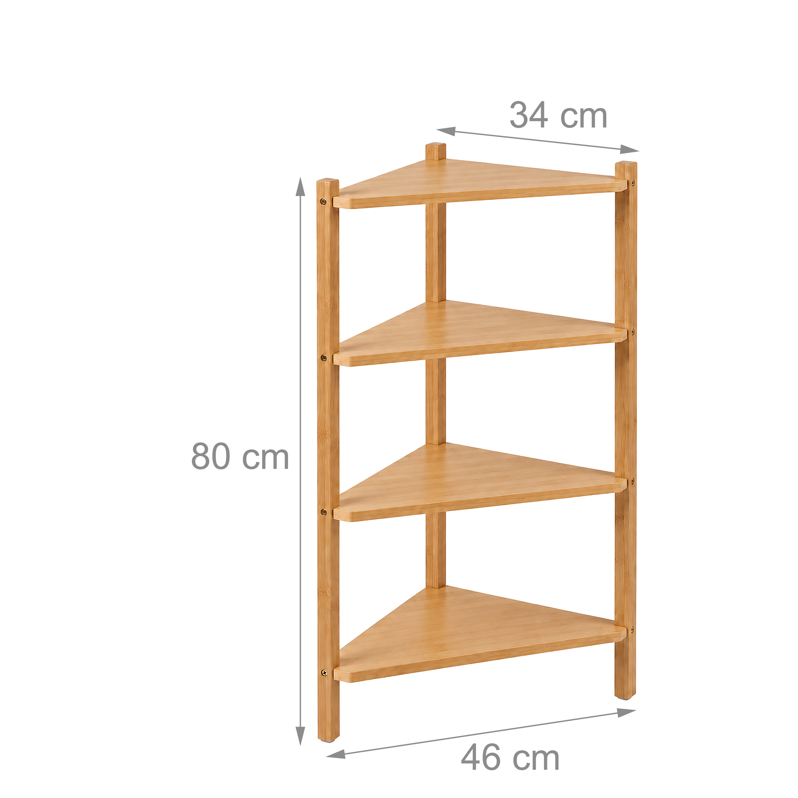 Ein hölzernes Eckregal mit vier Ablagen, 80 cm hoch, 46 cm breit und 34 cm tief, auf weißem Hintergrund.