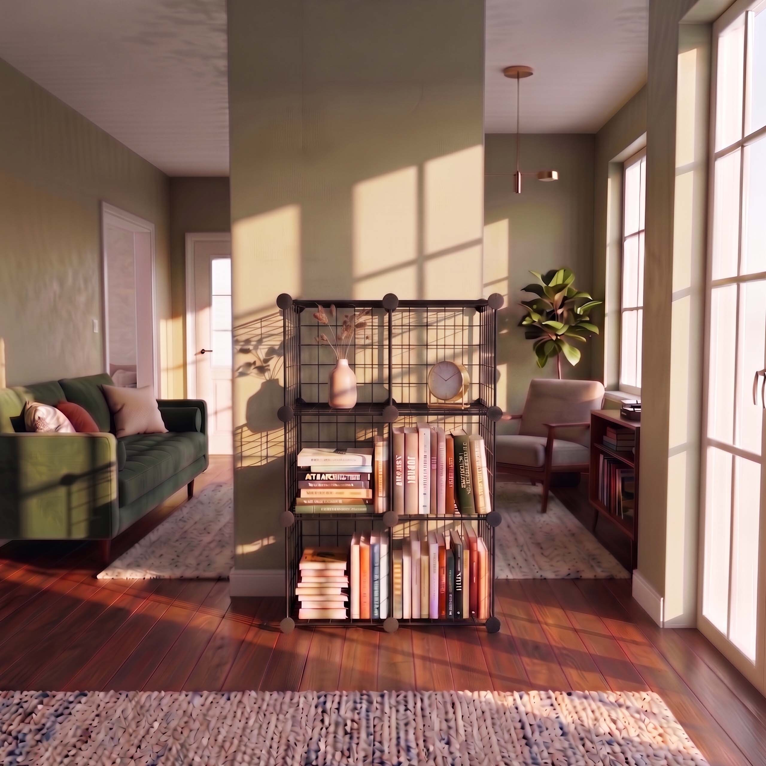 Sonnenlicht fällt in einen Raum mit grünem Sofa, schwarzem Regal voller Bücher und großen Fenstern.