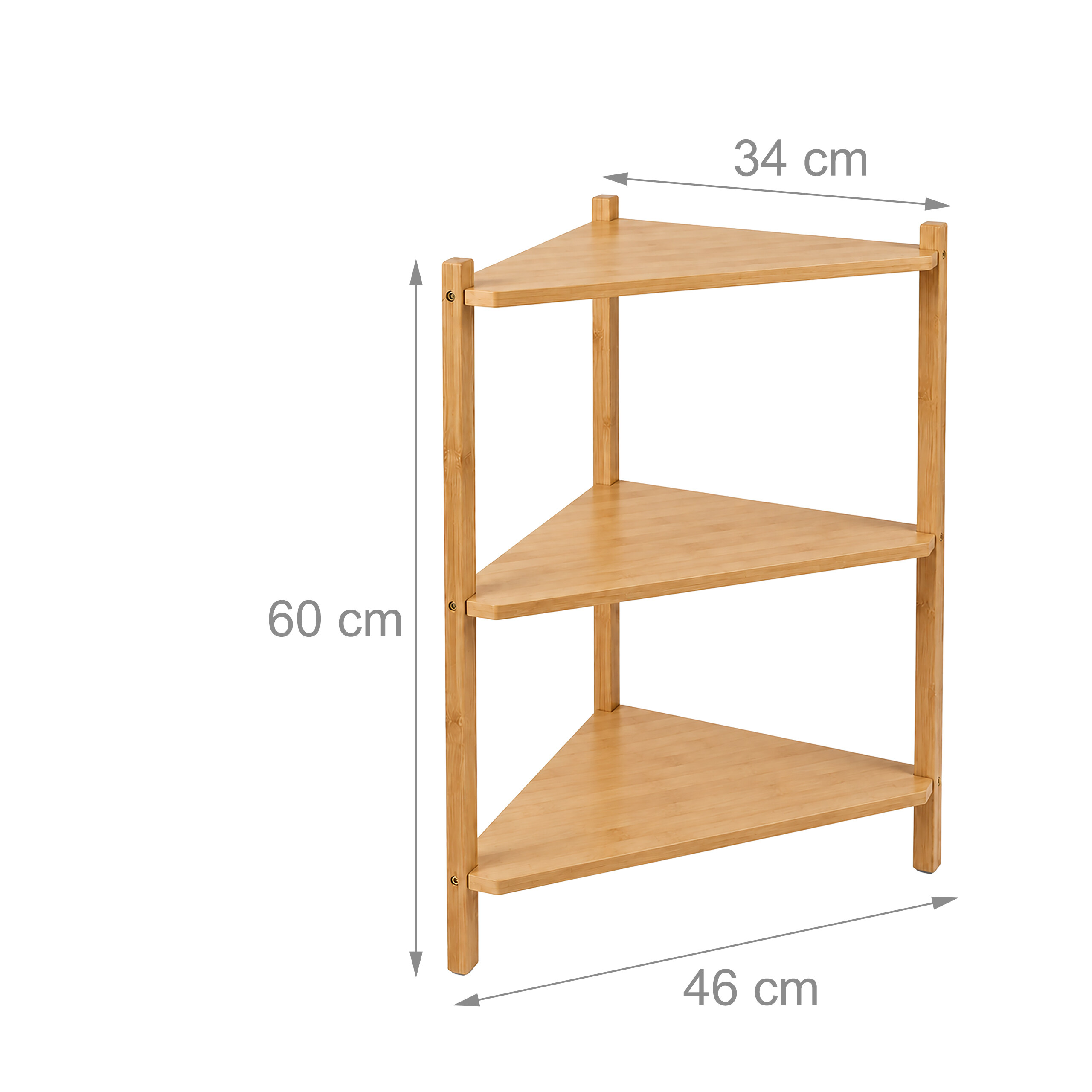 Holz-Eckregal mit drei dreieckigen Ablagen, Maße 60 cm Höhe, 34 cm Breite und 46 cm Tiefe.