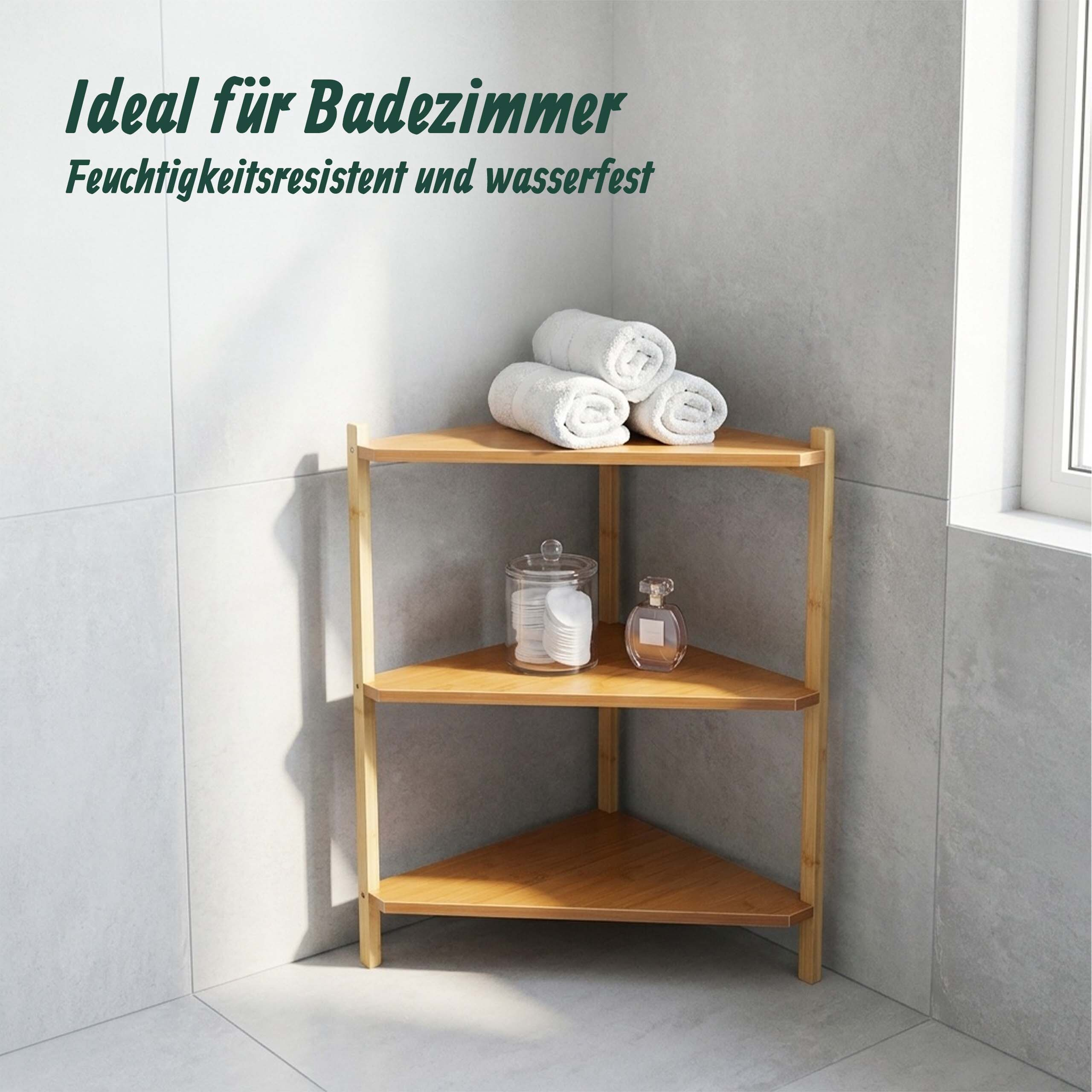 Dreistöckiges Bambus-Eckregal in einem gefliesten Badezimmer mit zusammengerollten Handtüchern und Pflegeprodukten.