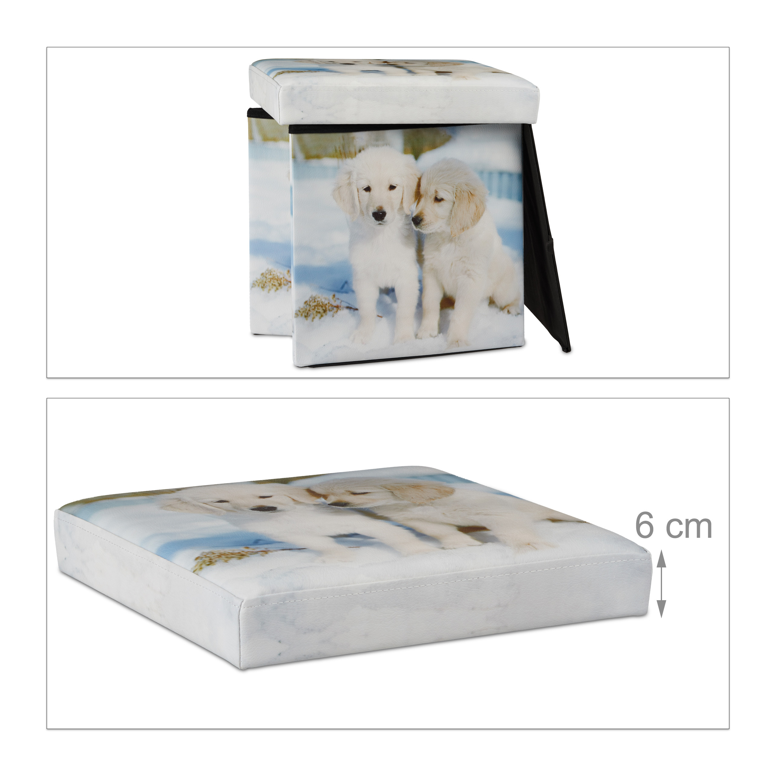 Faltbarer Hocker mit Hundemotiv und gepolstertem Sitz, 6 cm dick.