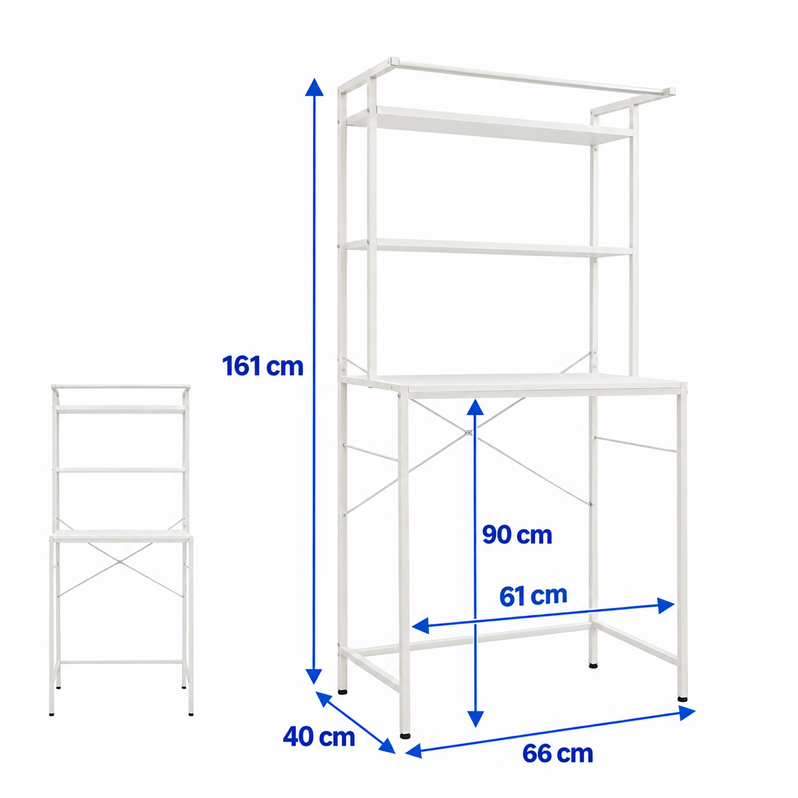 Weißes Metallregal mit Maßen in blauen Pfeilen, Höhe 161 cm, Breite 66 cm und Tiefe 40 cm.