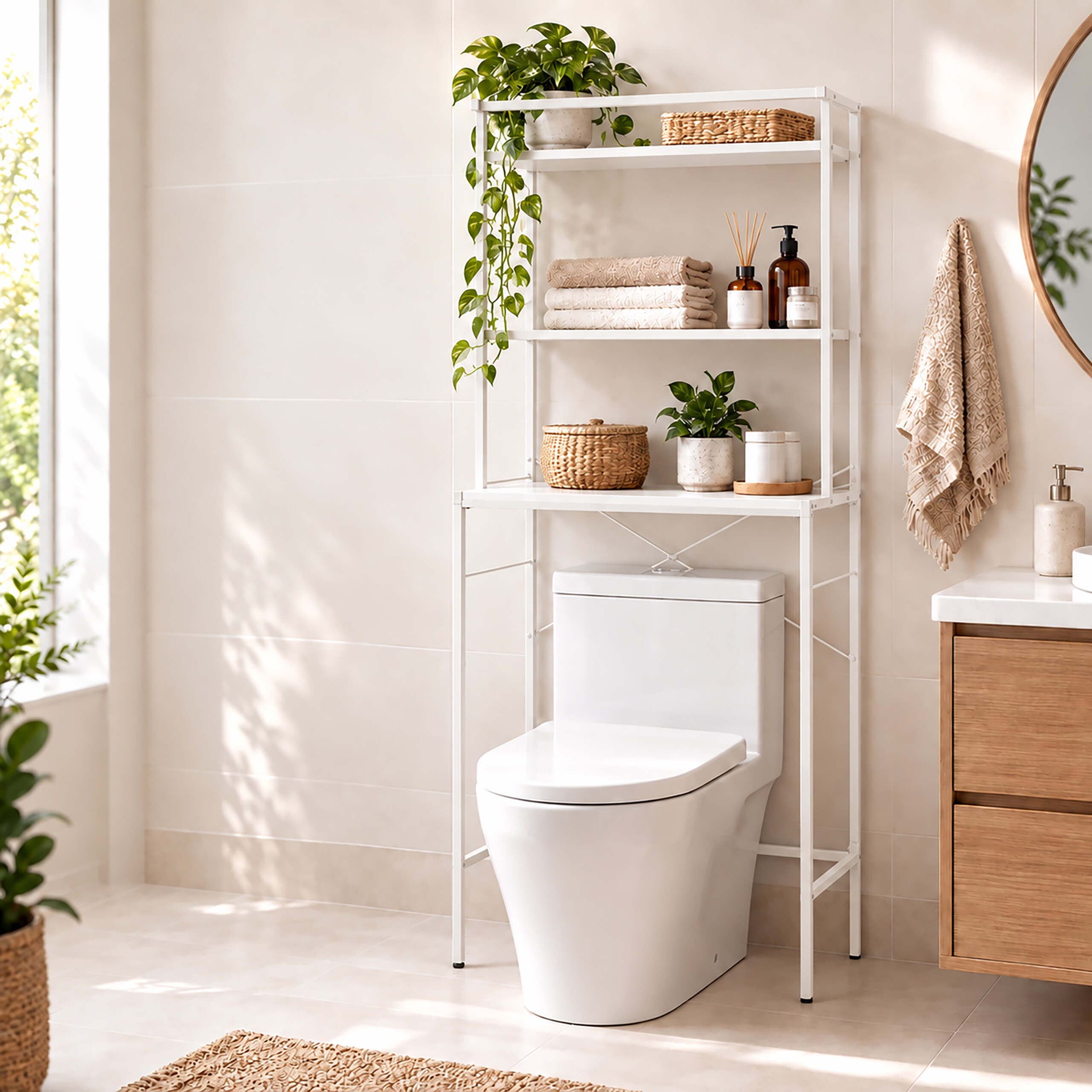 Weißes Toilettenregal mit Pflanzen, Handtüchern und Badutensilien im hellen Bad.