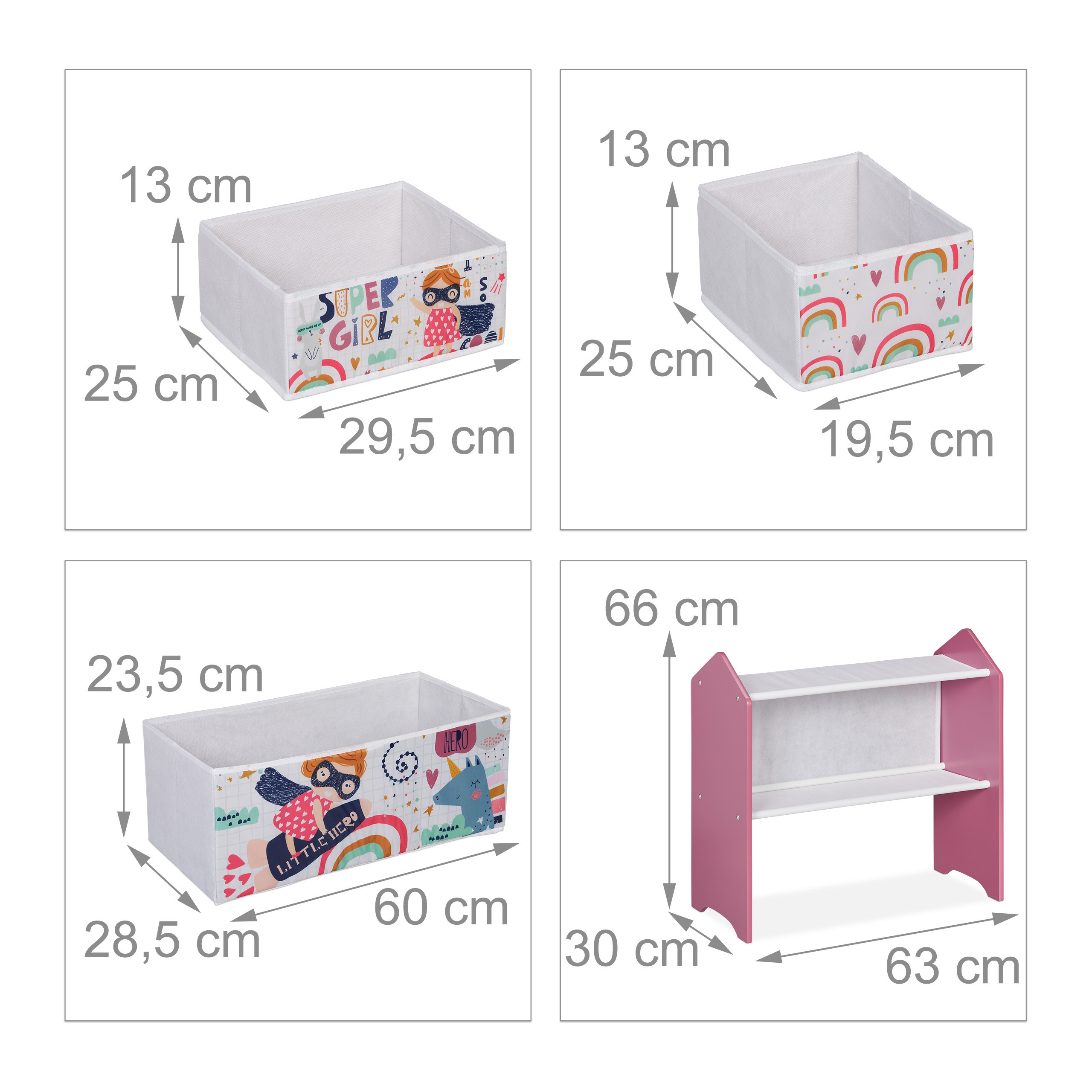 Vier Produktbilder von farbigen Stoffboxen und einem kleinen Regal mit Maßen in Zentimetern.