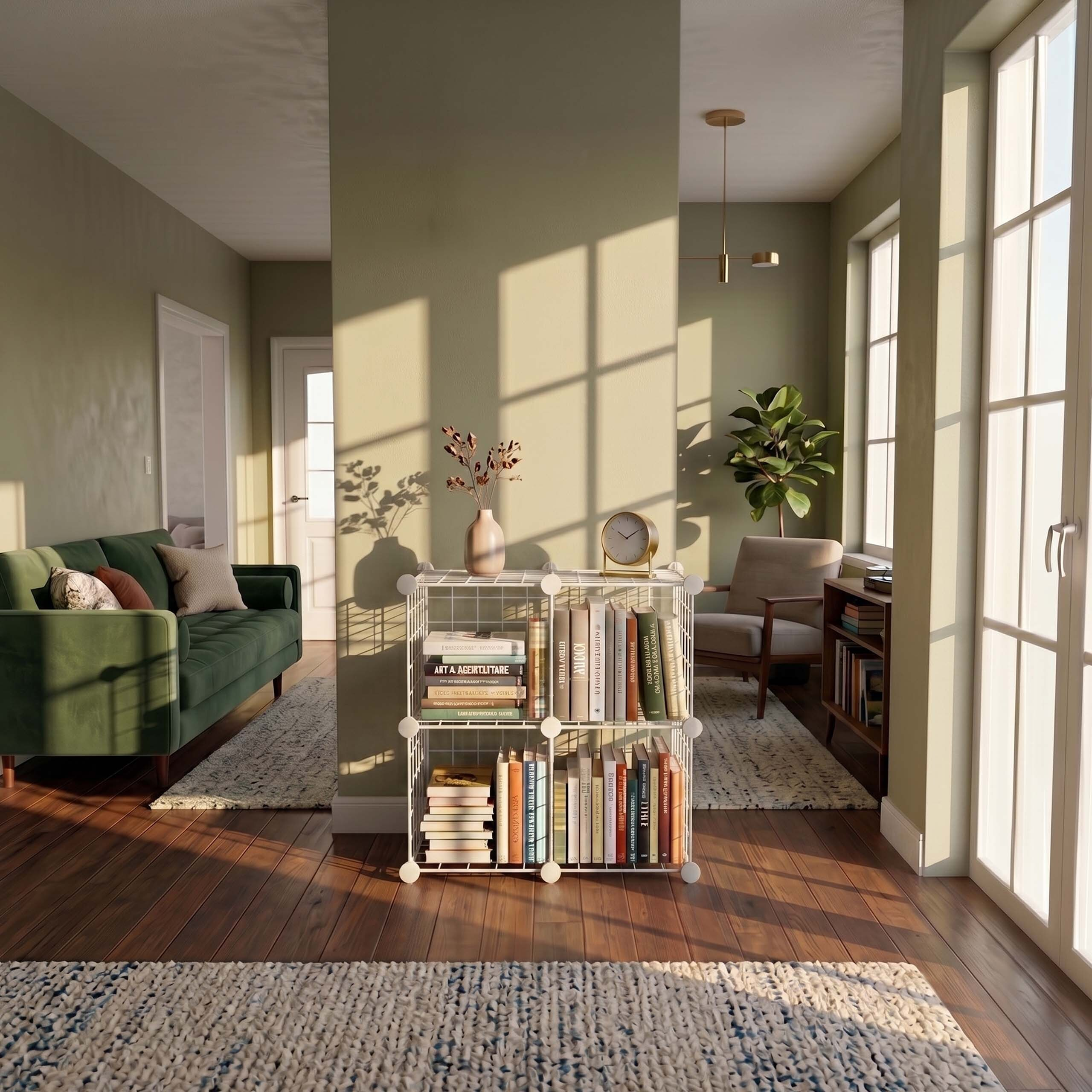 Ein sonniges Wohnzimmer mit grünem Sofa, weißem Bücherregal, Sessel und großen Fenstern mit warmem Licht.