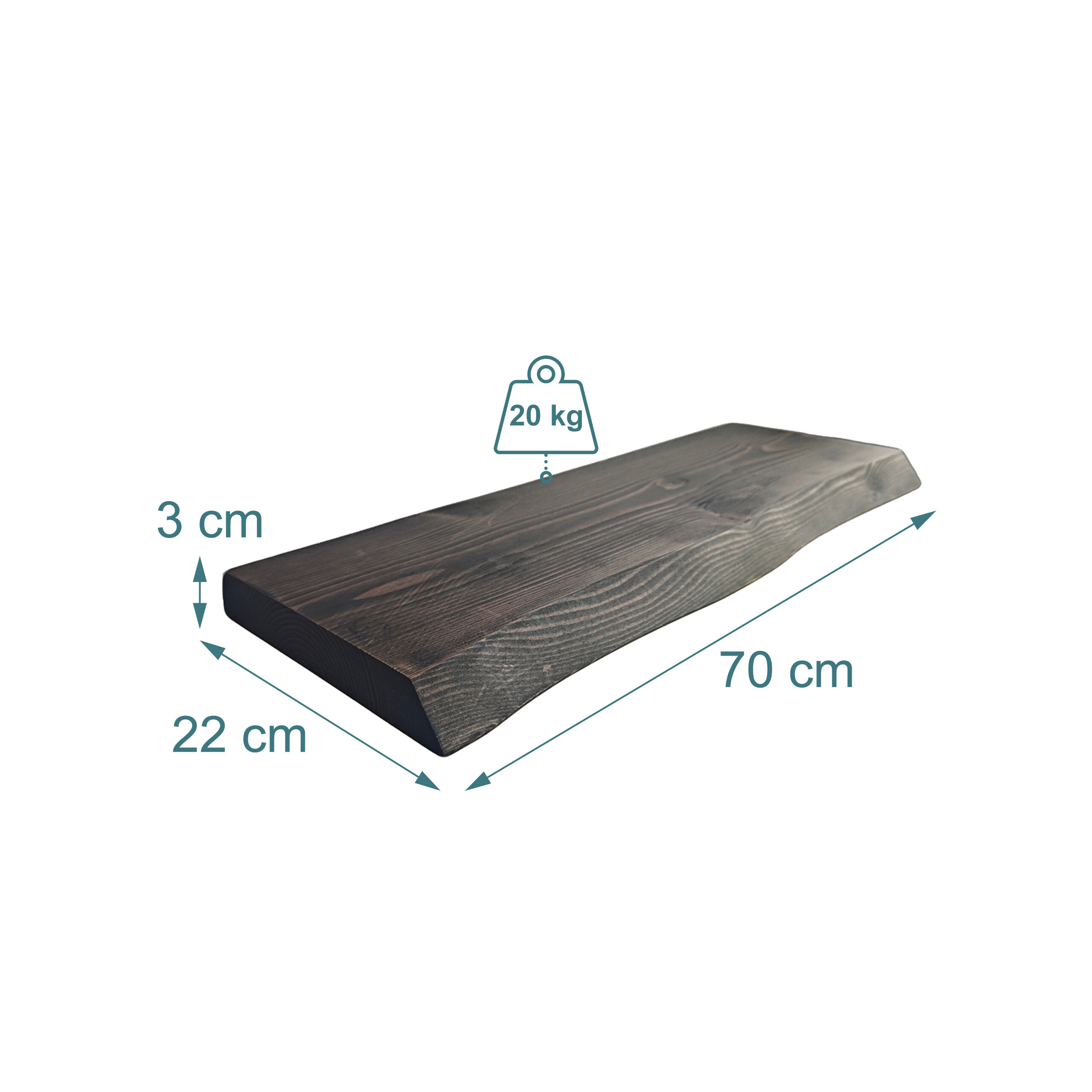 Dunkles Holzregalbrett mit Maßen 70x22x3 cm und 20 kg Tragkraft.