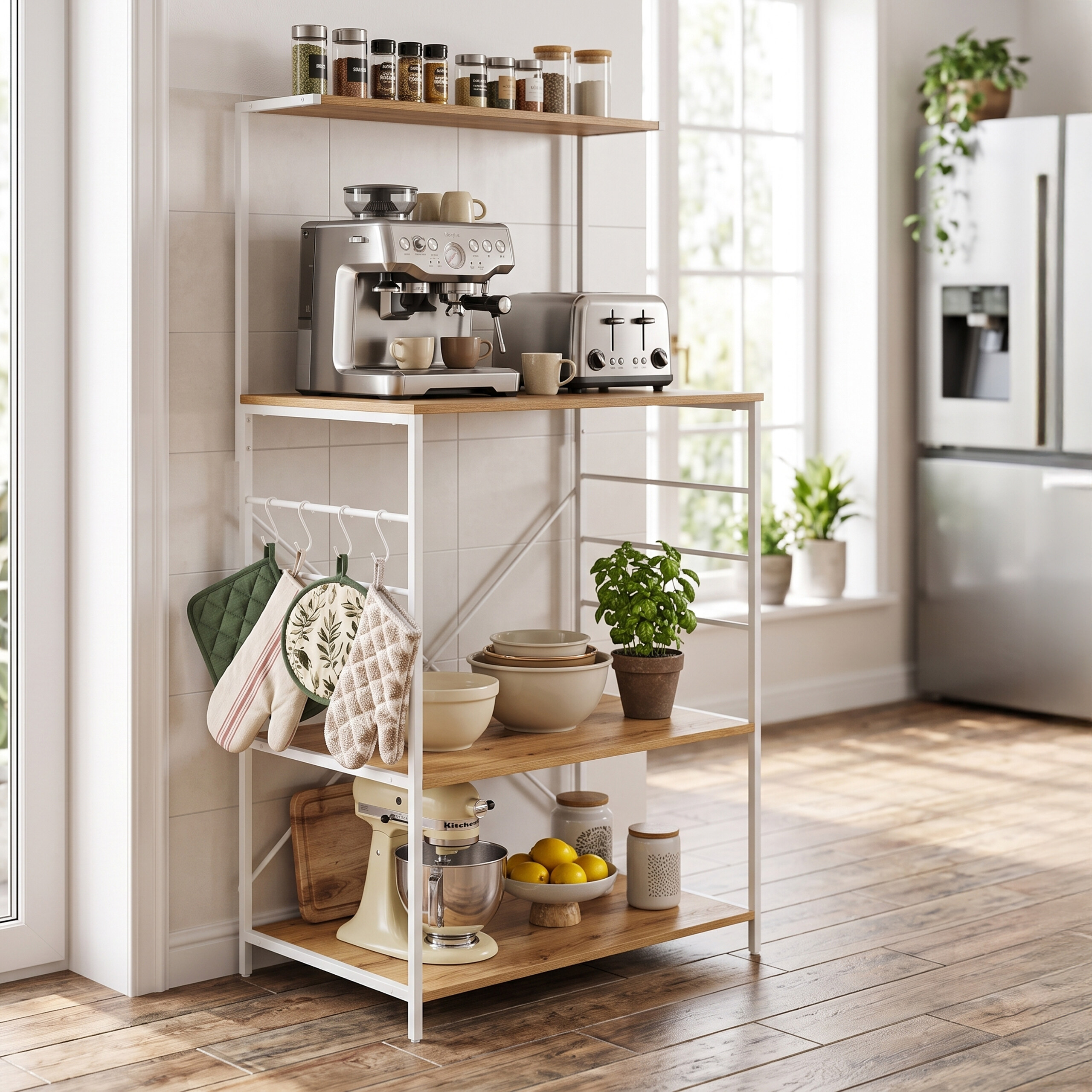 Ein weißes Küchenregal mit Holzböden hält Kaffeemaschine, Toaster, Mixer, Töpfe, Gläser und Pflanzen.