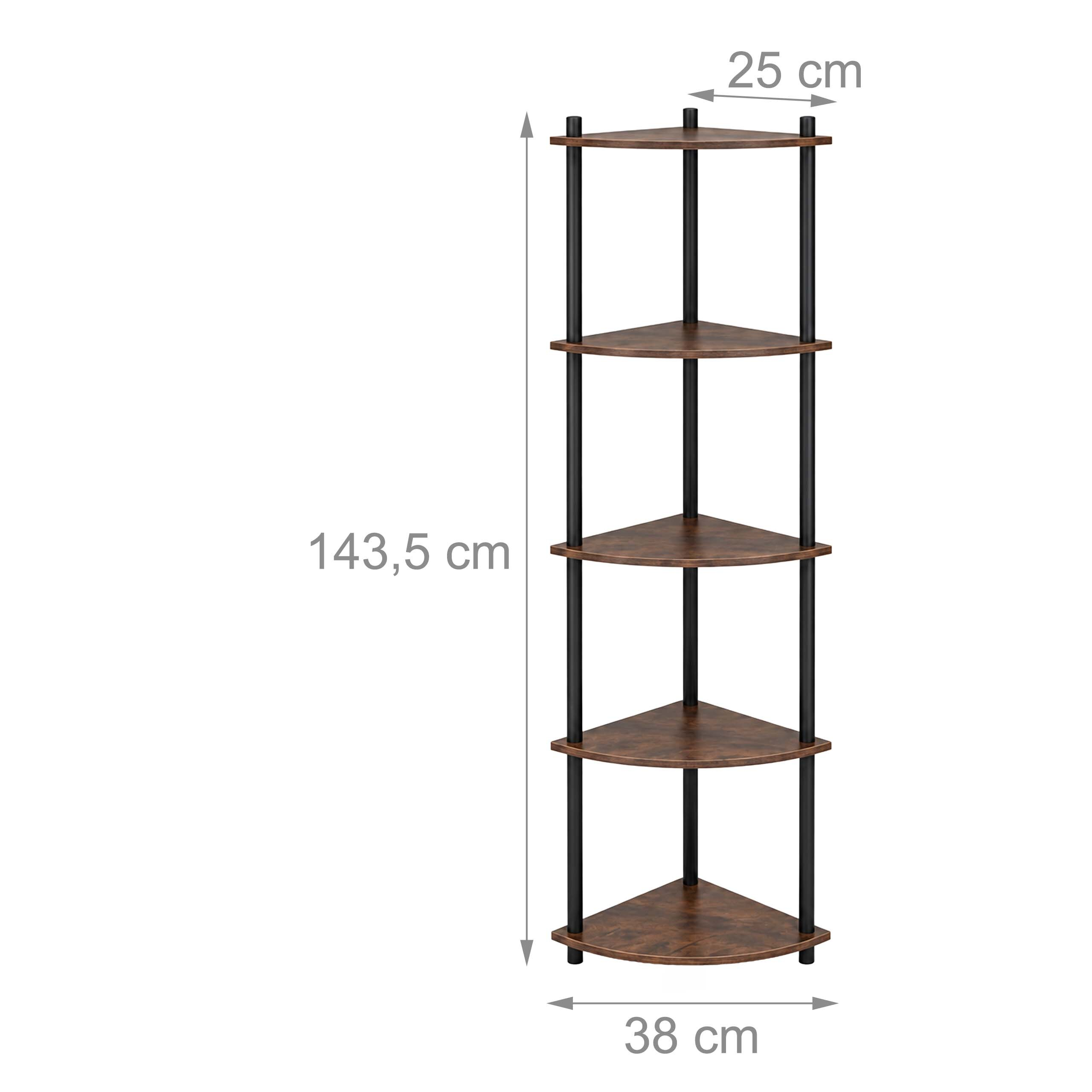 Ein fünfstufiges Eckregal aus Holz und Metall mit Maßen.