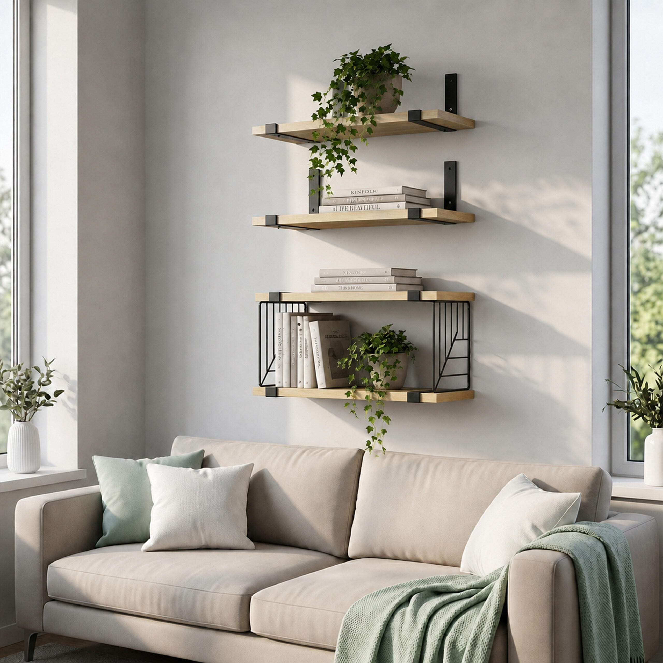 Beige Couch mit Kissen und Decke, darüber drei hölzerne Wandregale mit Büchern und Pflanzen an einer weißen Wand.