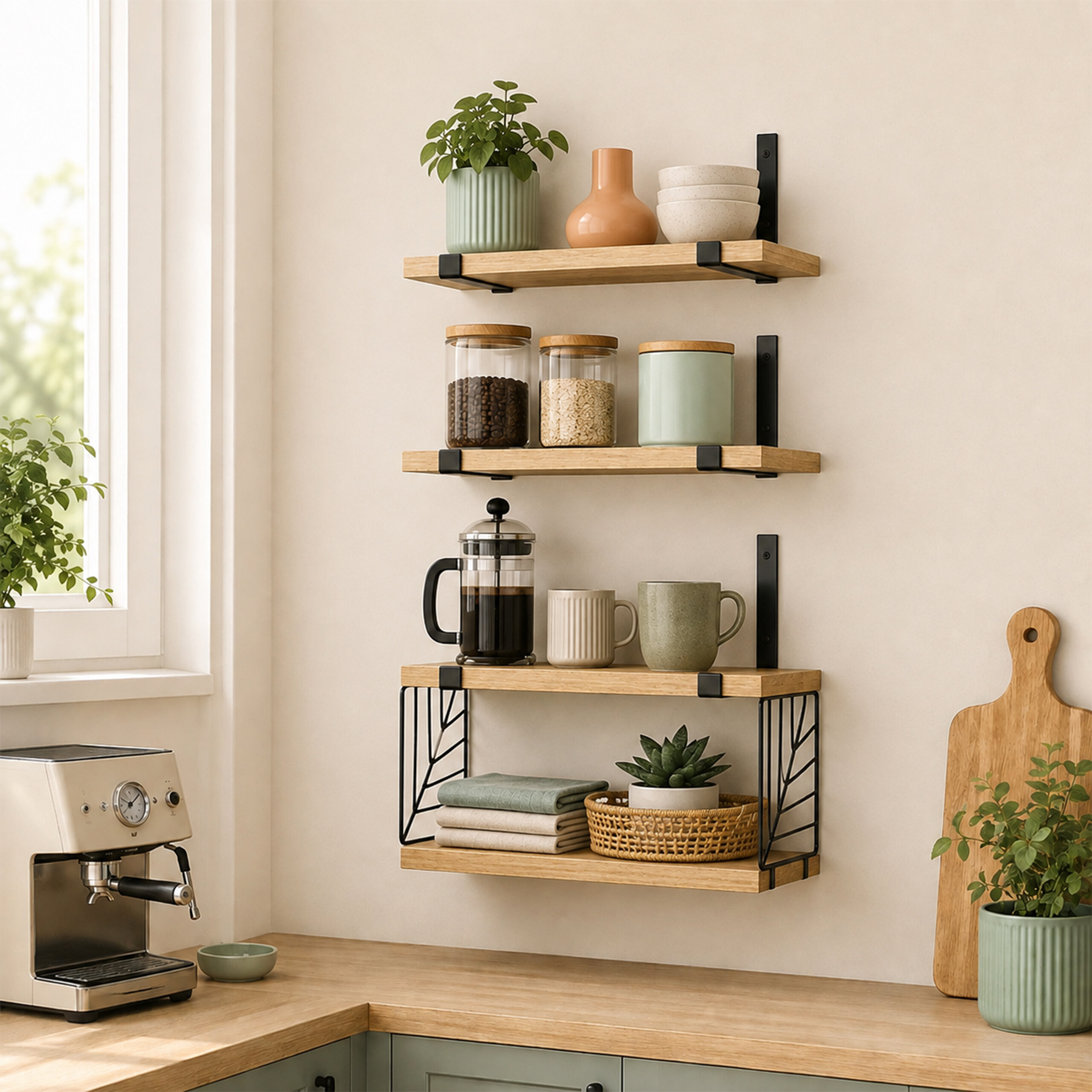 Holzwände mit vier Regalen, gefüllt mit Küchenutensilien, Pflanzen und Gläsern, neben einer Kaffeemaschine.