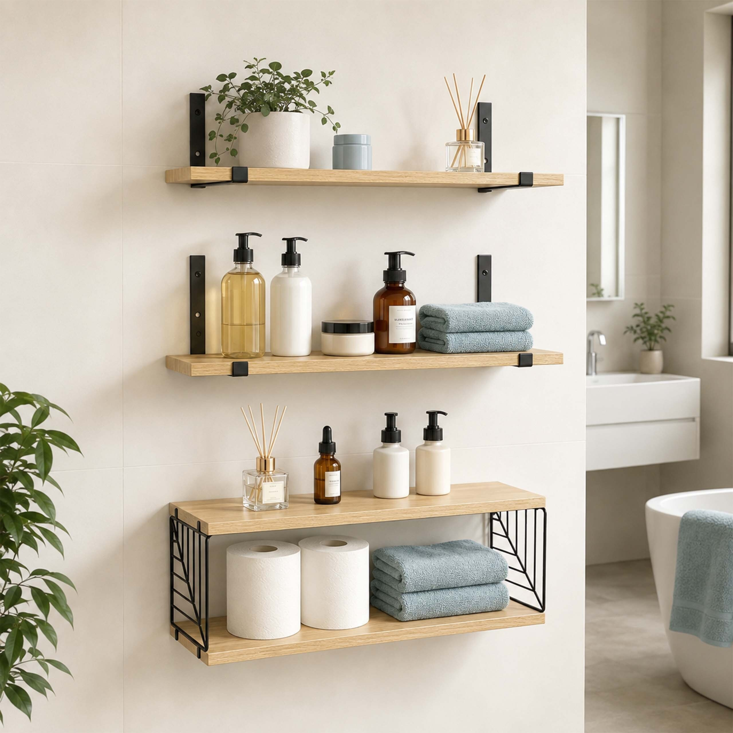 Drei Holzwandregale mit schwarzen Halterungen im Badezimmer, gefüllt mit Seifen, Handtüchern und Toilettenpapier.