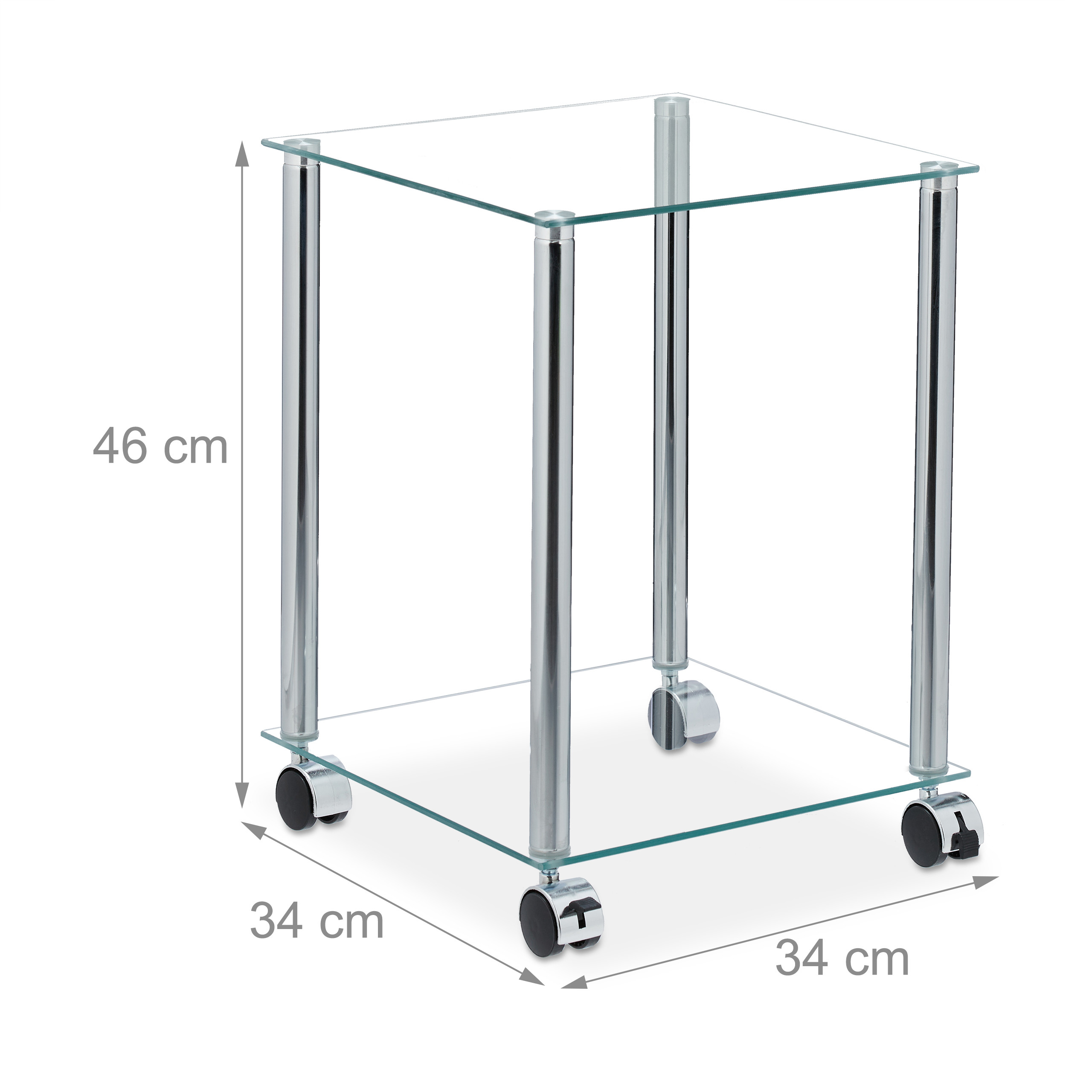 Glasbeistelltisch mit Chrombeinen und Rollen, 46x34x34 cm.