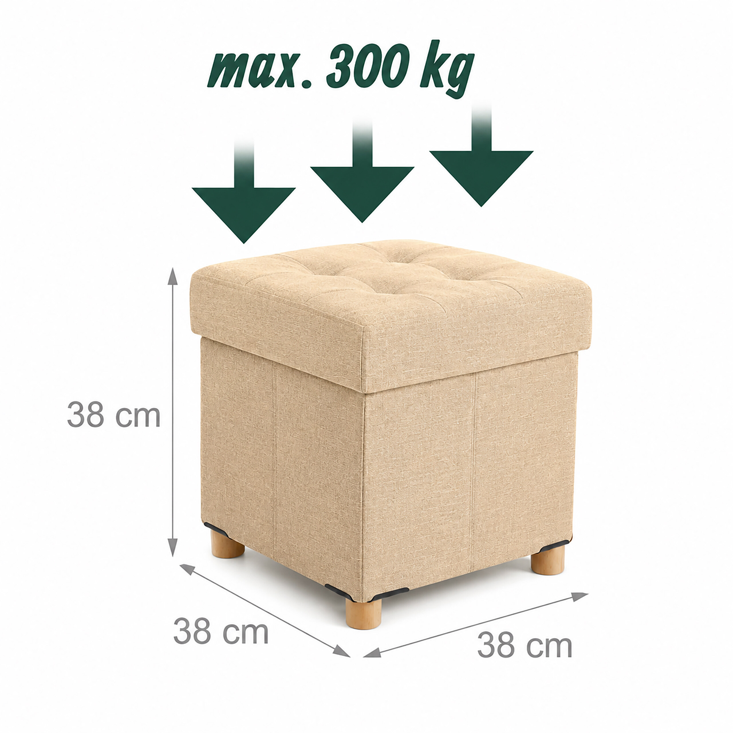 Beige quadratische Sitzbank, 38x38x38 cm, mit Holzbüschen und einer Tragkraft von max. 300 kg.
