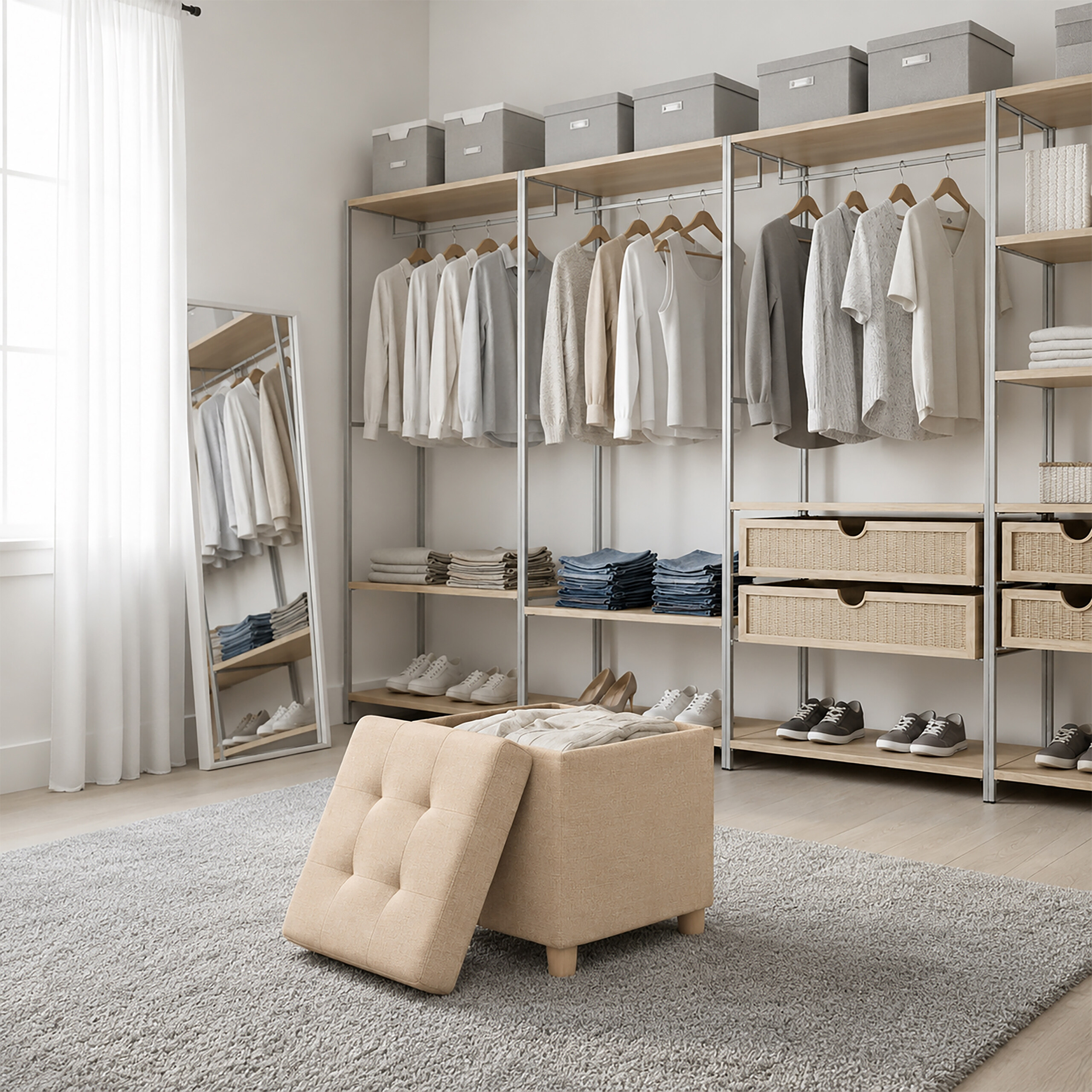 Ein begehbarer Kleiderschrank mit Kleidung auf Bügeln, gefalteter Kleidung, Schuhen und einem beigen Hocker auf einem Teppich.