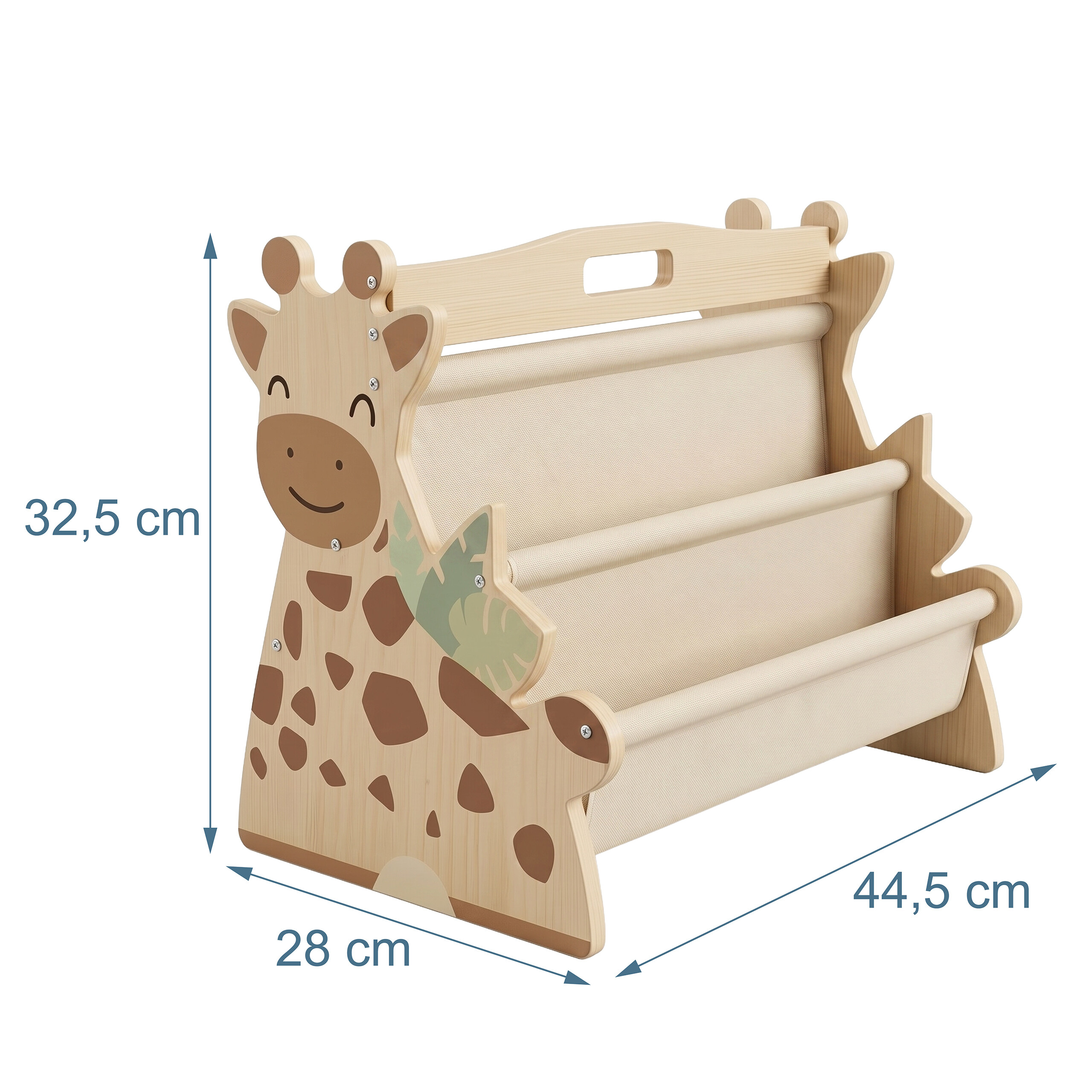 Kleinkind-Bücherregal aus Holz im Giraffen-Design mit Maßangaben.