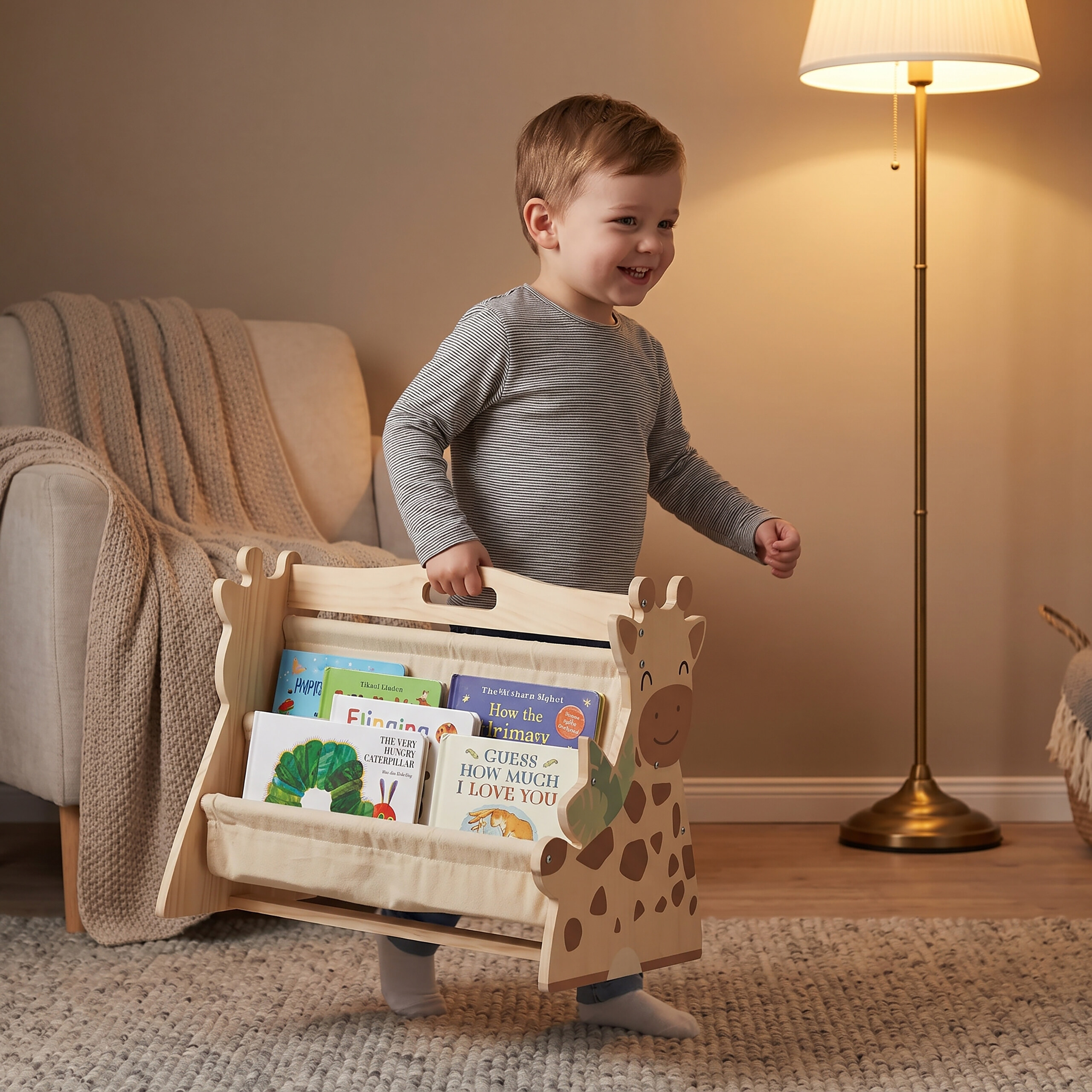 Kleinkind trägt ein giraffenförmiges Holz-Bücherregal in einem Raum mit Sesseln und Stehlampe.