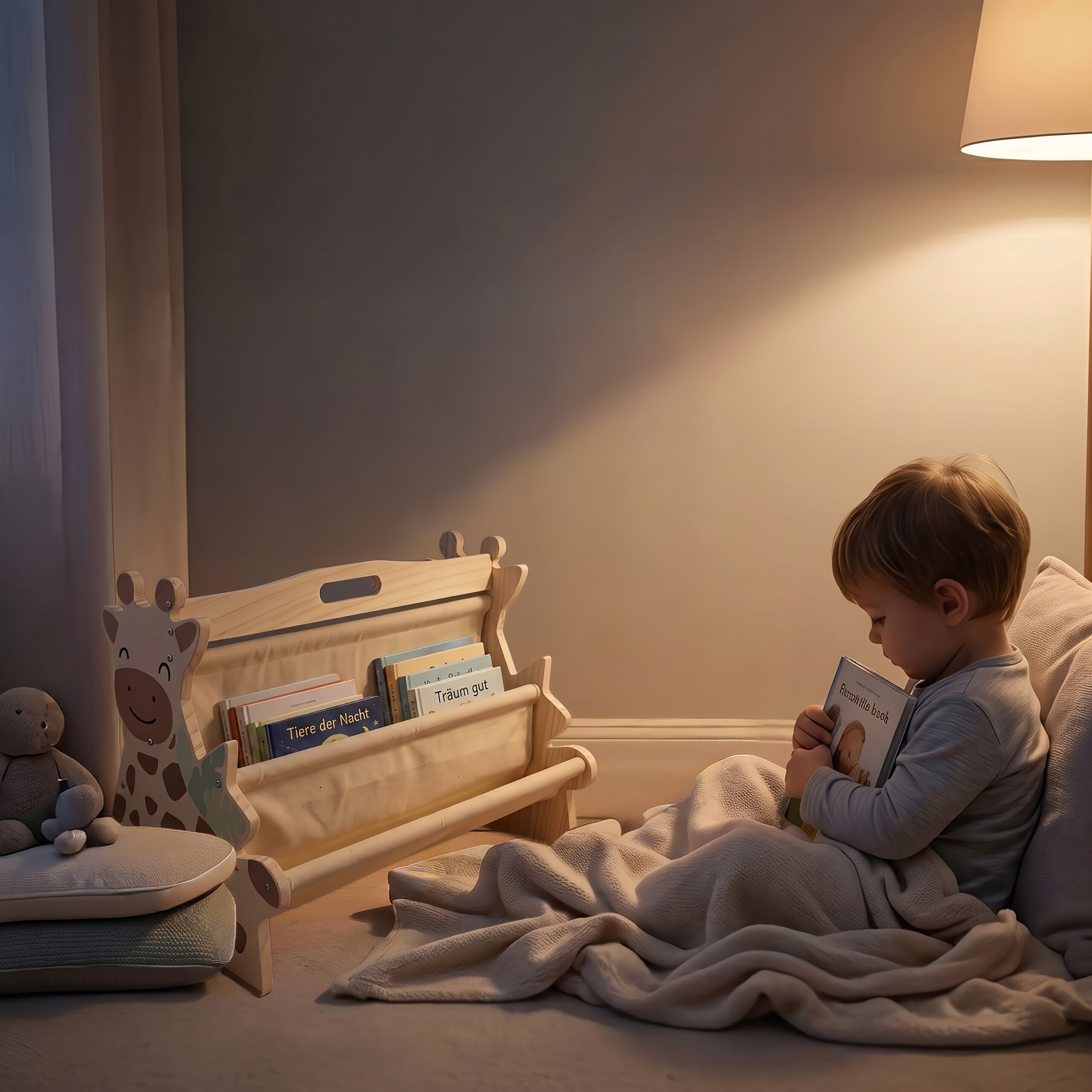 Kleinkind liest ein Buch auf dem Boden unter einer warmen Lampe neben einem kleinen Holzregal.