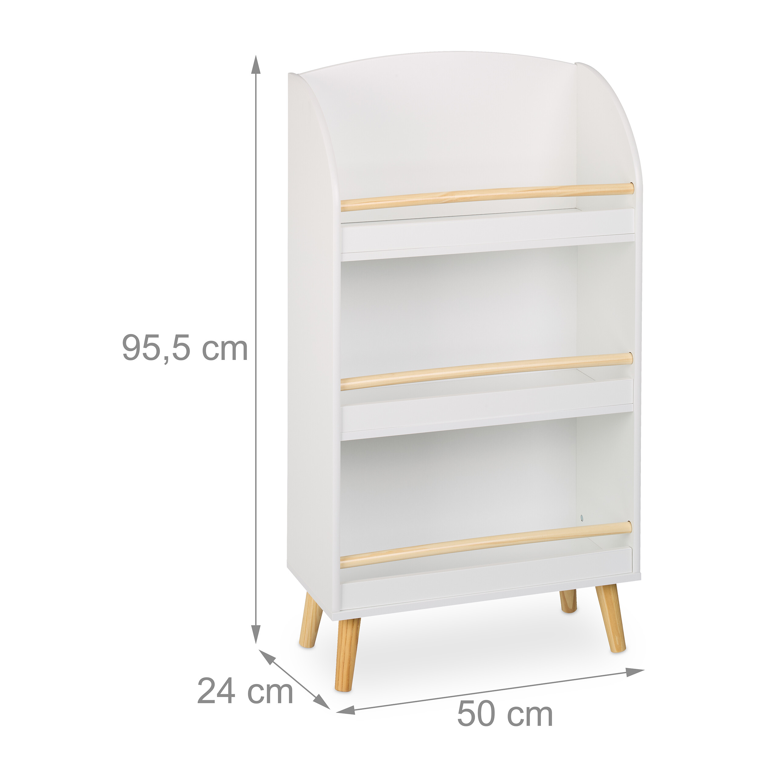 Weißes Kinderregal mit Holzbeinen und drei Regalböden, Höhe 95,5 cm, Breite 50 cm, Tiefe 24 cm.