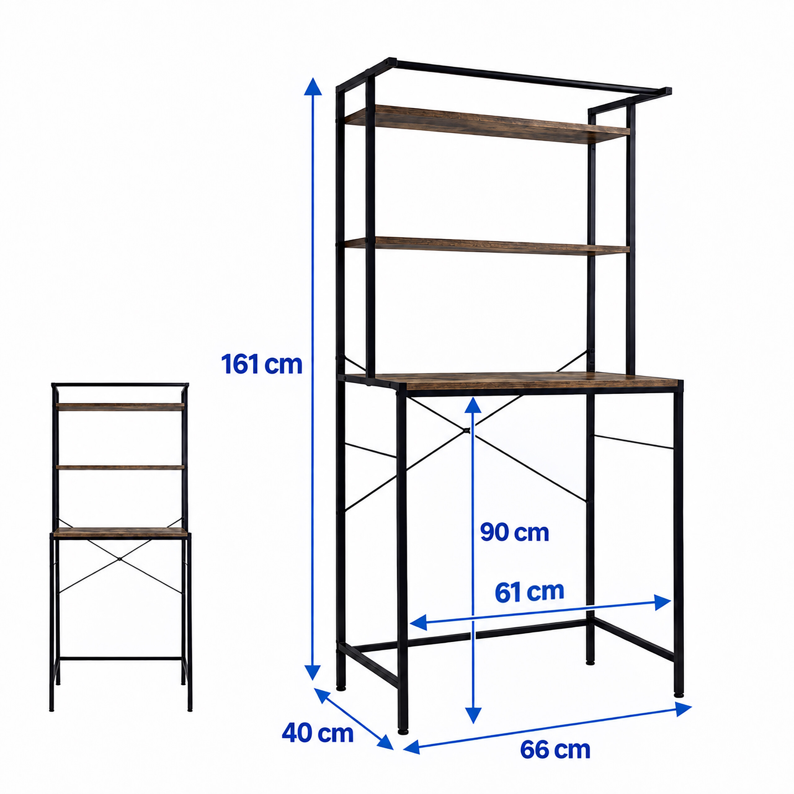 Industriedesign-Schreibtisch mit schwarzem Metallgestell und Holzböden, Maße in cm.
