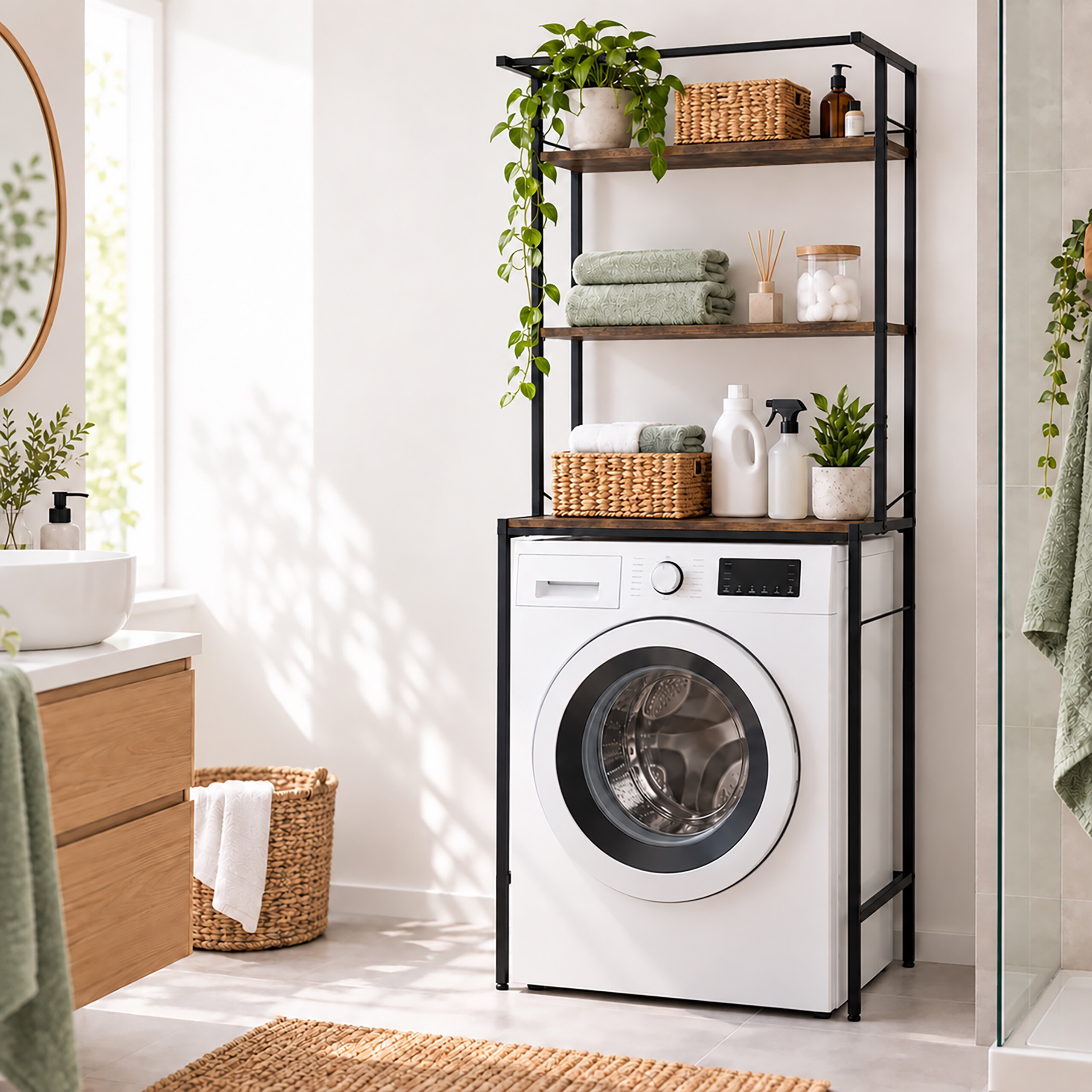 Weiße Waschmaschine mit Metallregal darüber in einem hellen Badezimmer mit Holzmöbeln.