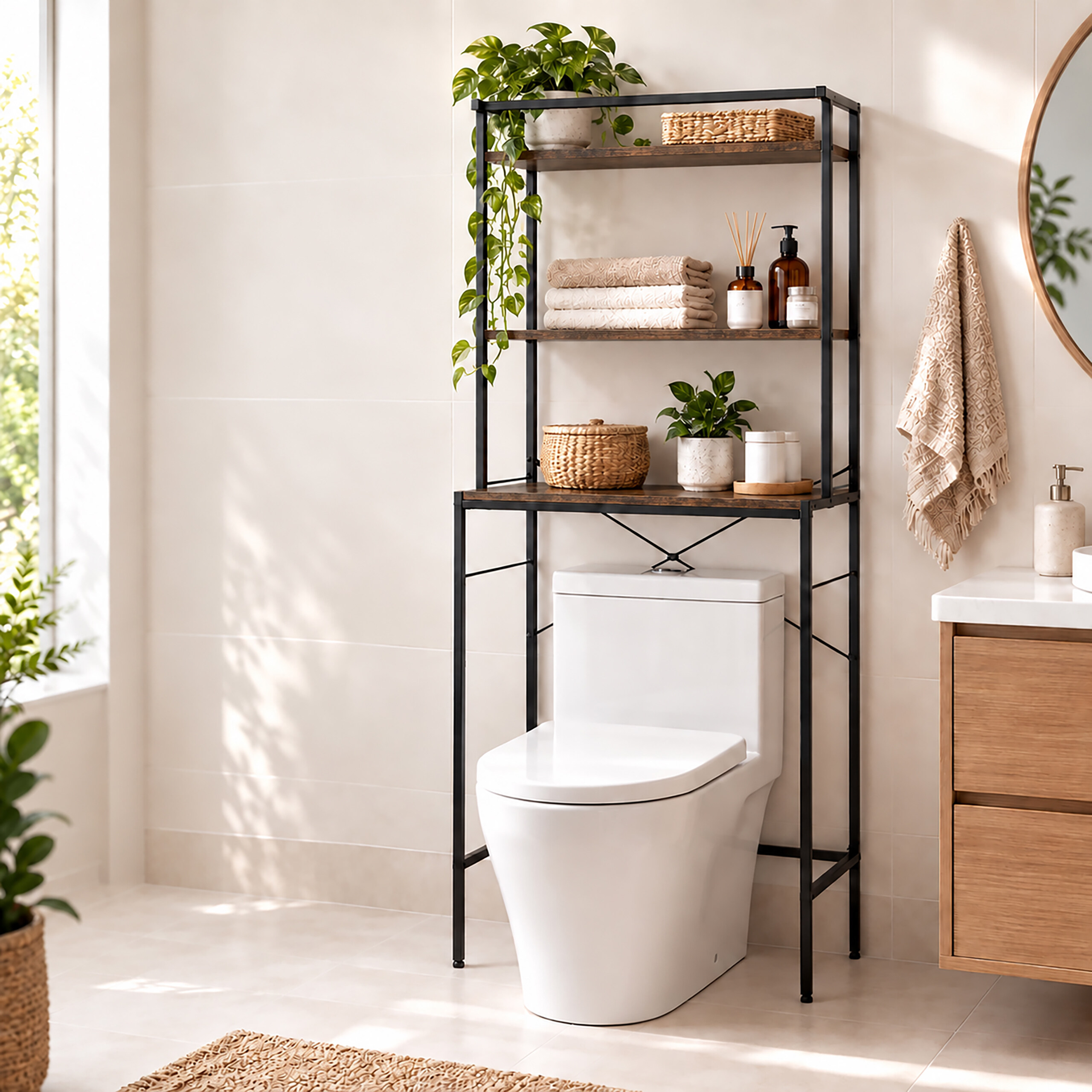 Überbauter Toiletten-Regalorganisator aus Metall und Holz in einem hellen, modernen Badezimmer.