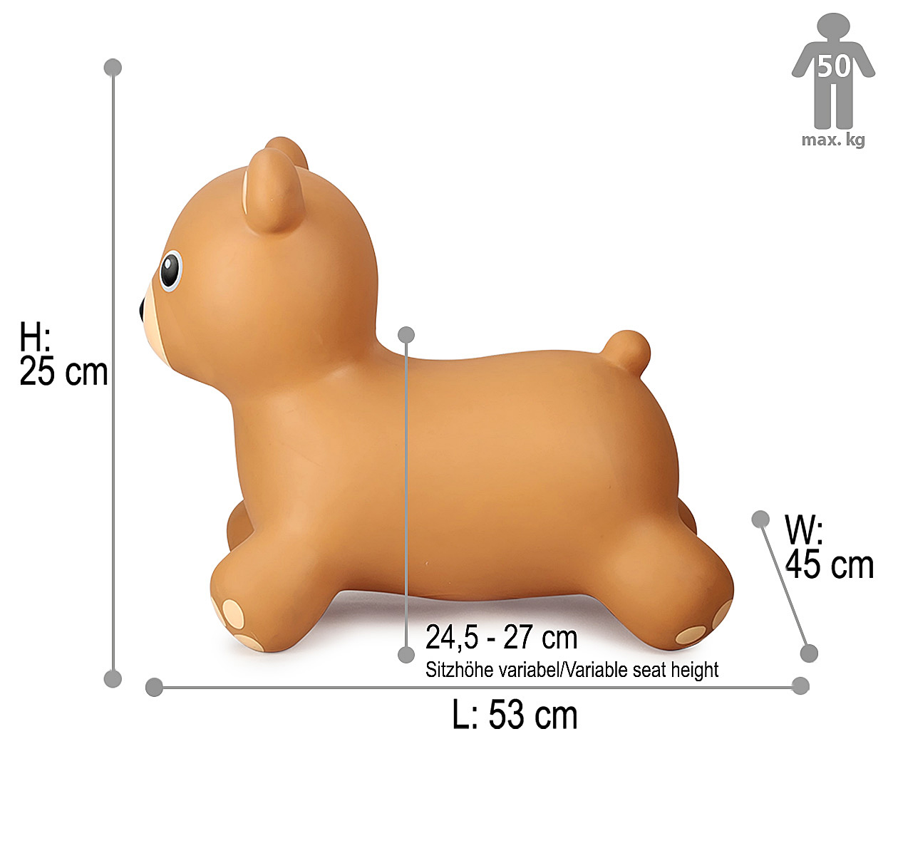 Brauner Bär-Hüpftier mit Maßen: Höhe 25 cm, Länge 53 cm, Breite 45 cm, Sitzhöhe 24,5-27 cm, max. 50 kg.