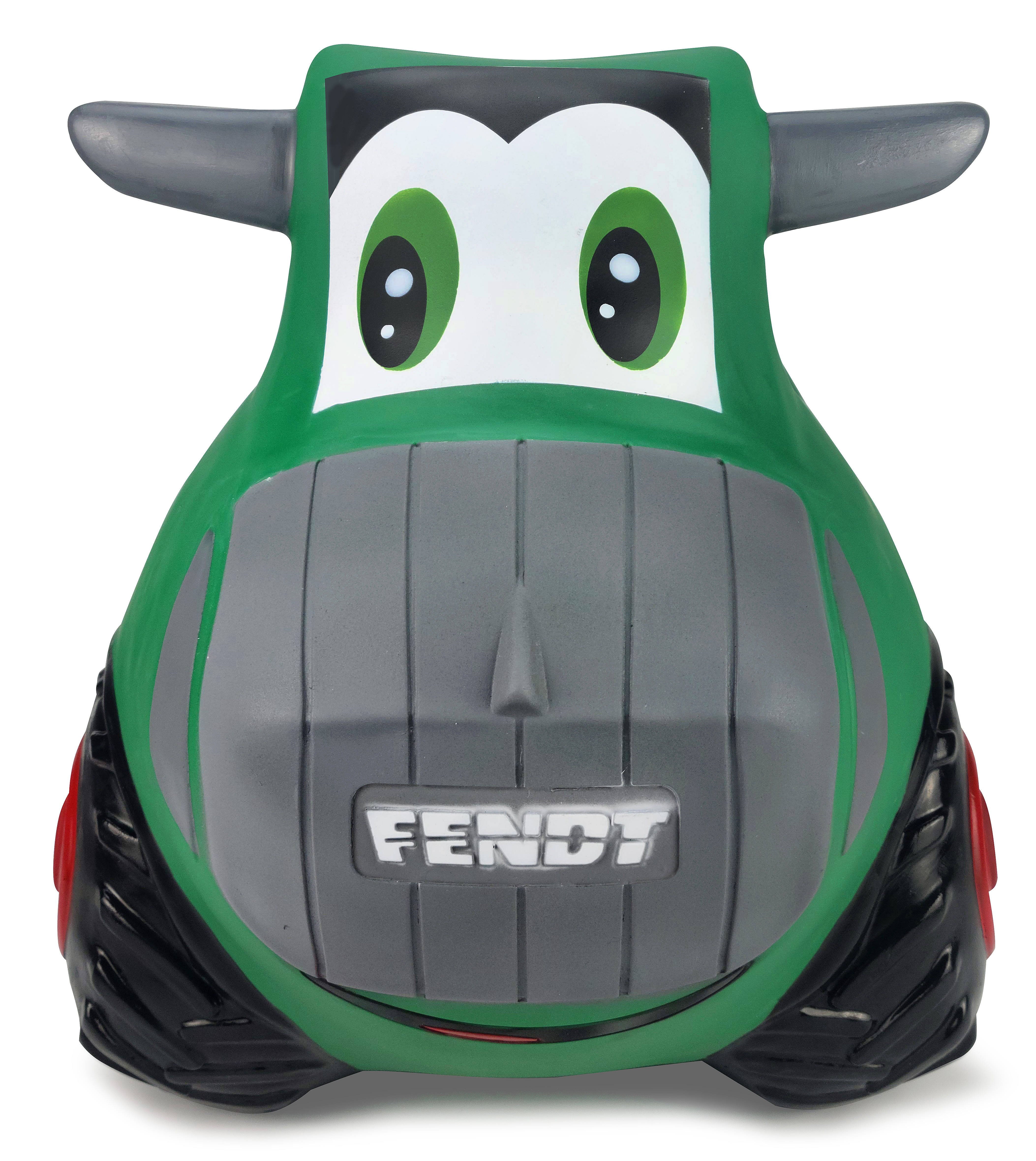 Veicolo giocattolo verde Fendt con grandi occhi e frontale grigio su sfondo bianco.